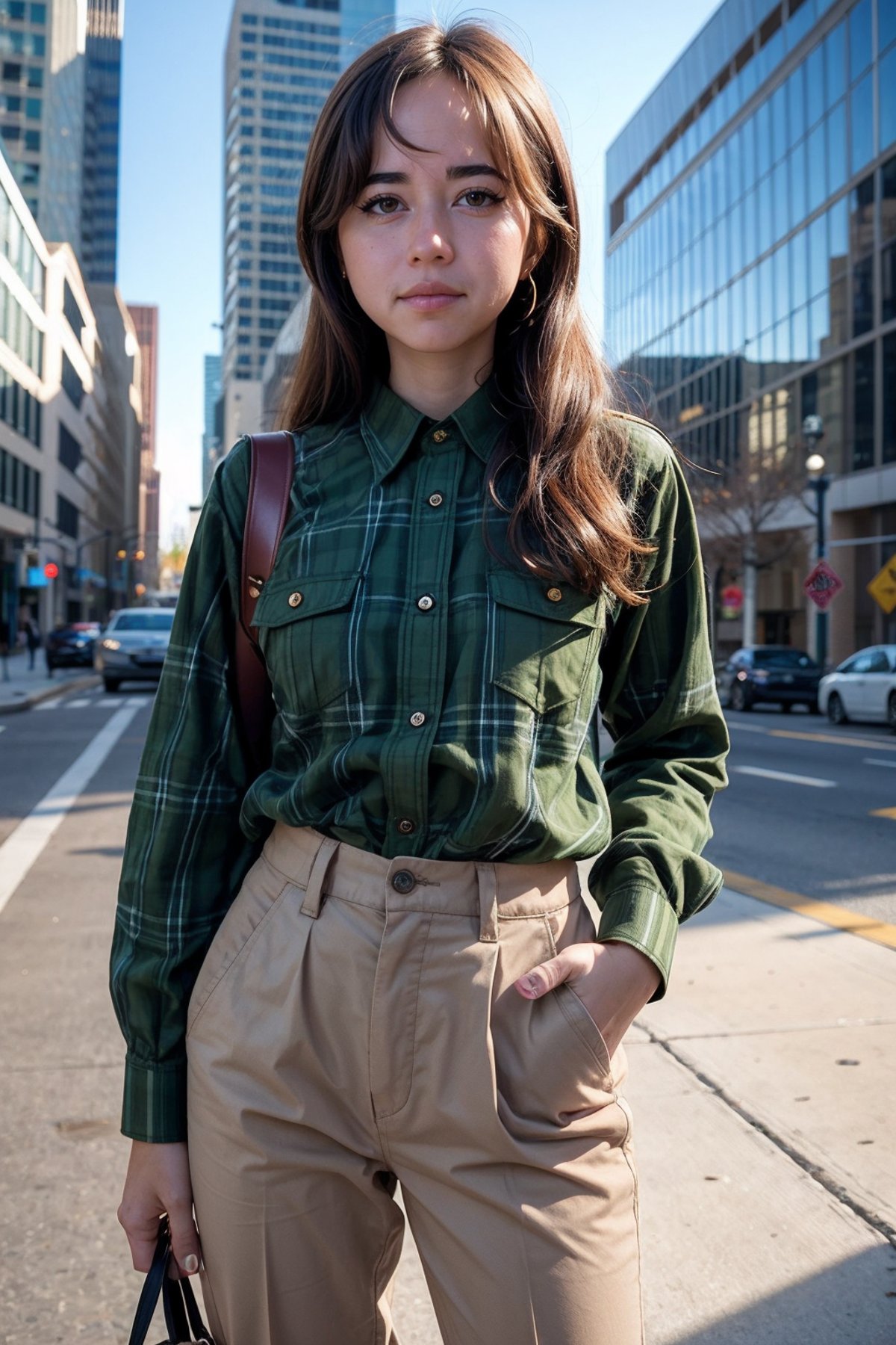 HigaMaya,a woman wearing Plaid shirt and khaki pants, city center, (soft diffused lighting:0.5) <lora:HigaMaya:1>