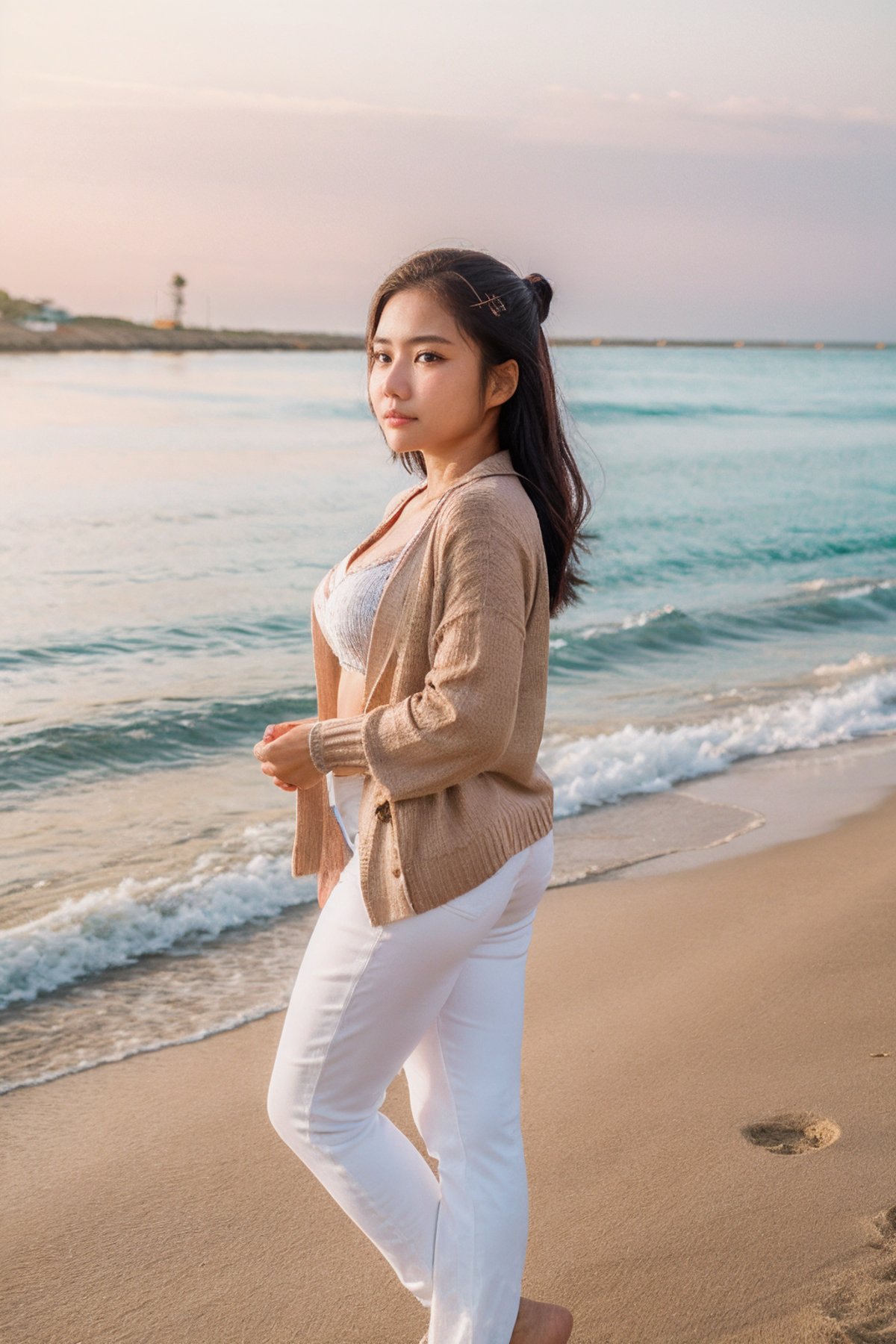 kiaraa,a woman wearing Cardigan and relaxed-fit jeans, at the beach, (rim lighting:0.5)   <lora:kiaraa:1>