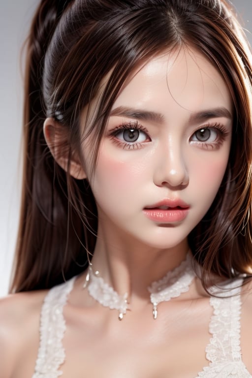 1girl
solo
brown hair
closed mouth
grey background
collar
lips
realistic ,beauty,masterpiece,best quality,1girl,lling ,bamby,abg