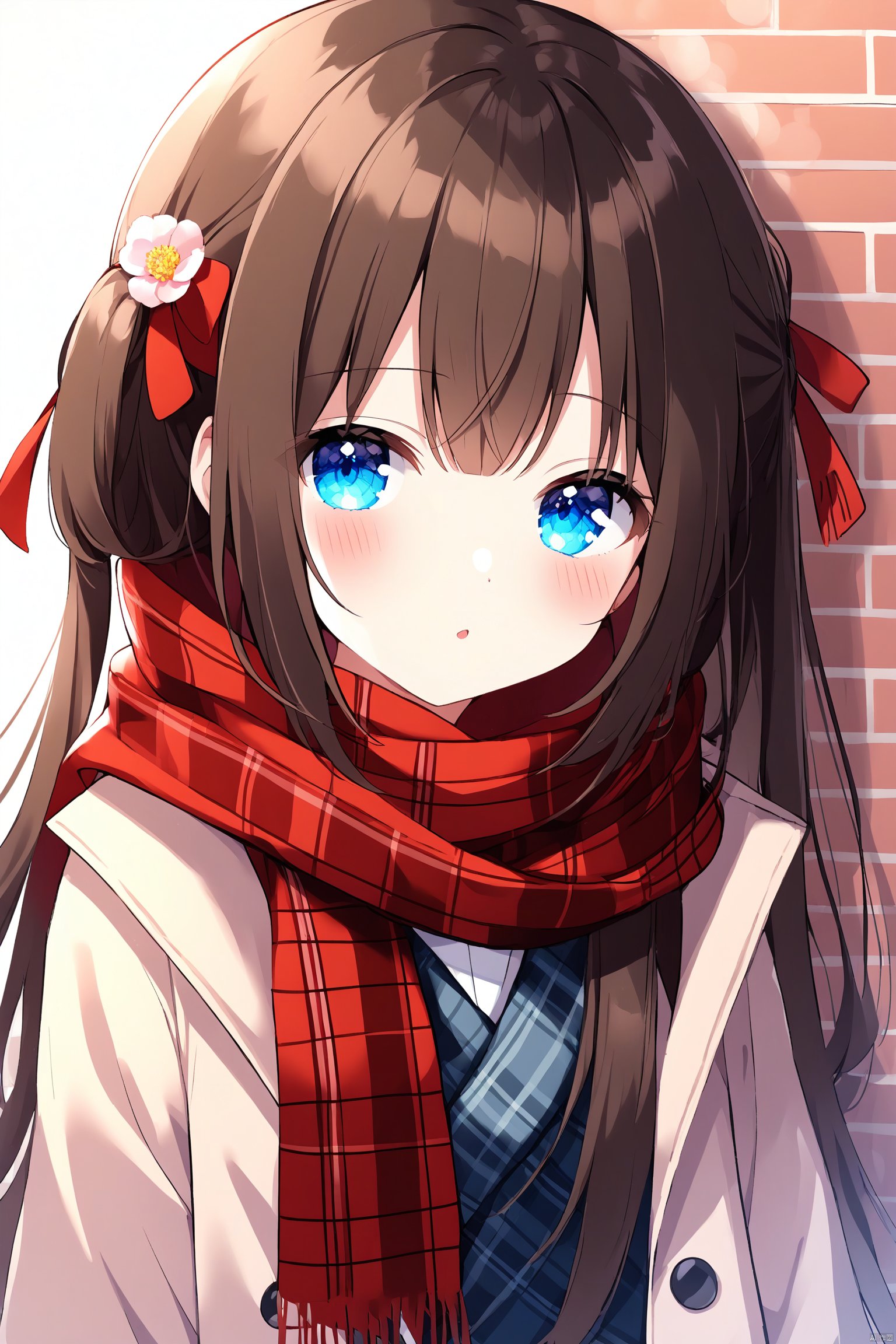 1girl, loli, solo, long hair, looking at viewer, blush, blue eyes, brown hair, black hair, flower, scarf, coat, plaid, red scarf, plaid scarf