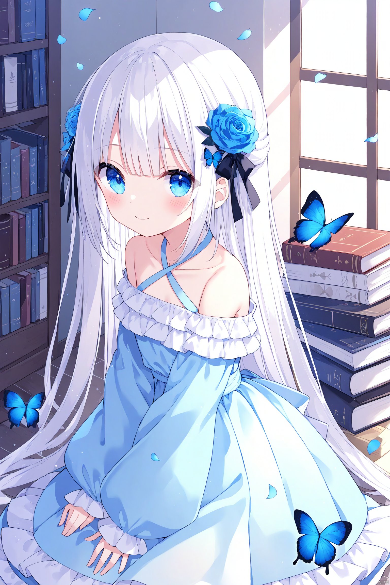  loli,1girl, solo, long hair, looking at viewer, blush, smile, bangs, blue eyes, hair ornament, long sleeves, dress, ribbon, bare shoulders, sitting, very long hair, closed mouth, collarbone, hair ribbon, flower, white hair, puffy sleeves, indoors, hair flower, off shoulder, white dress, sleeves past wrists, book, petals, blue dress, rose, animal, halterneck, bug, butterfly, puffy long sleeves, blue flower, on floor, off-shoulder dress, criss-cross halter, blue rose, book stack, blue butterfly,