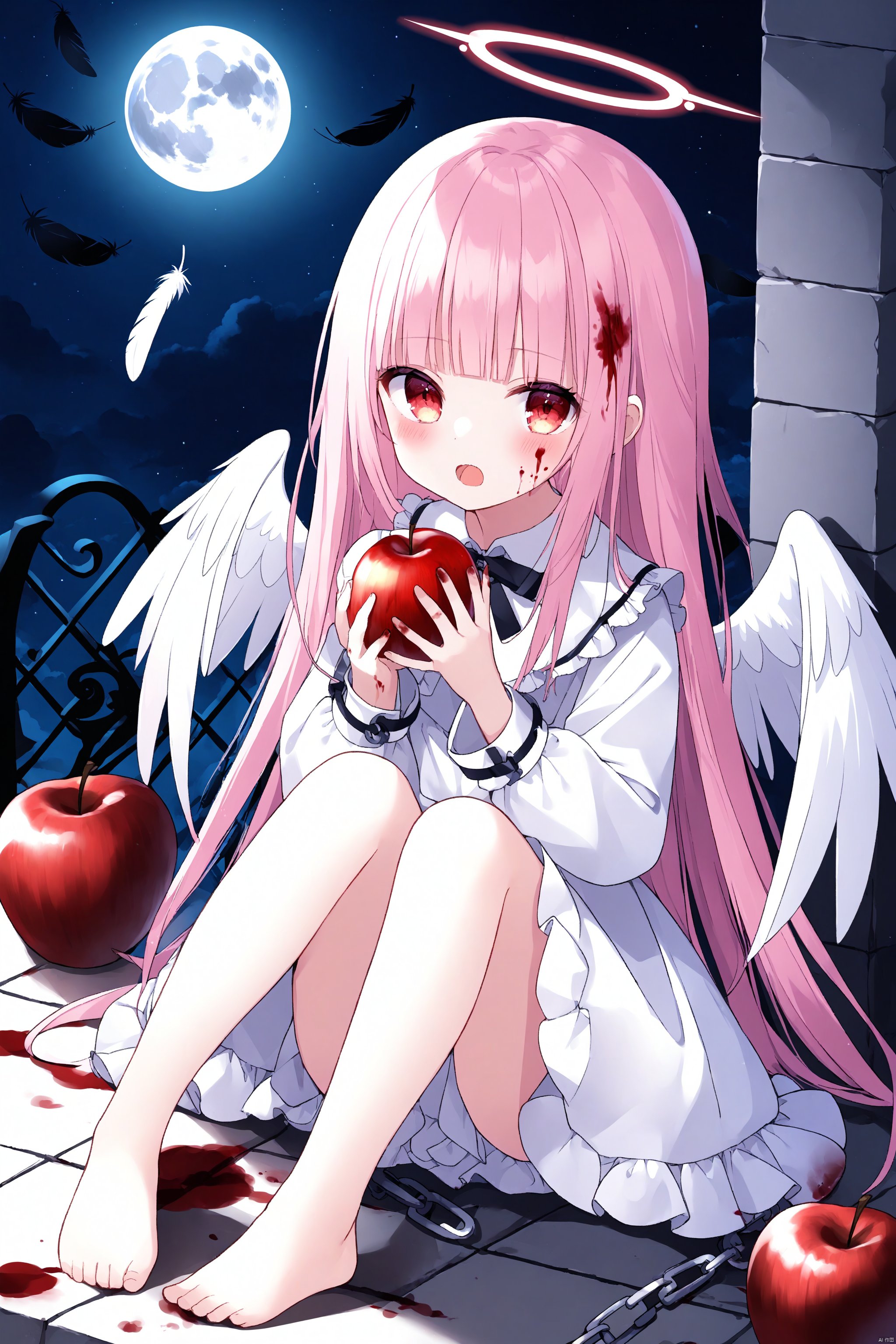 loli,1girl,wings,solo,halo,barefoot,long hair,food,feathers,blood,dress,feathered wings,sitting,white dress,angel wings,holding food,red eyes,blood on clothes,holding fruit,fruit,chain,angel,feet,pink hair,moon,holding,apple,blood on face,looking at viewer,toes,full moon,white wings,blush,bangs,child,very long hair,female child,night,long sleeves,full body,open mouth,cuffs,bare legs,legs,blood on hands,white hair,blunt bangs,frills,blood in hair,white