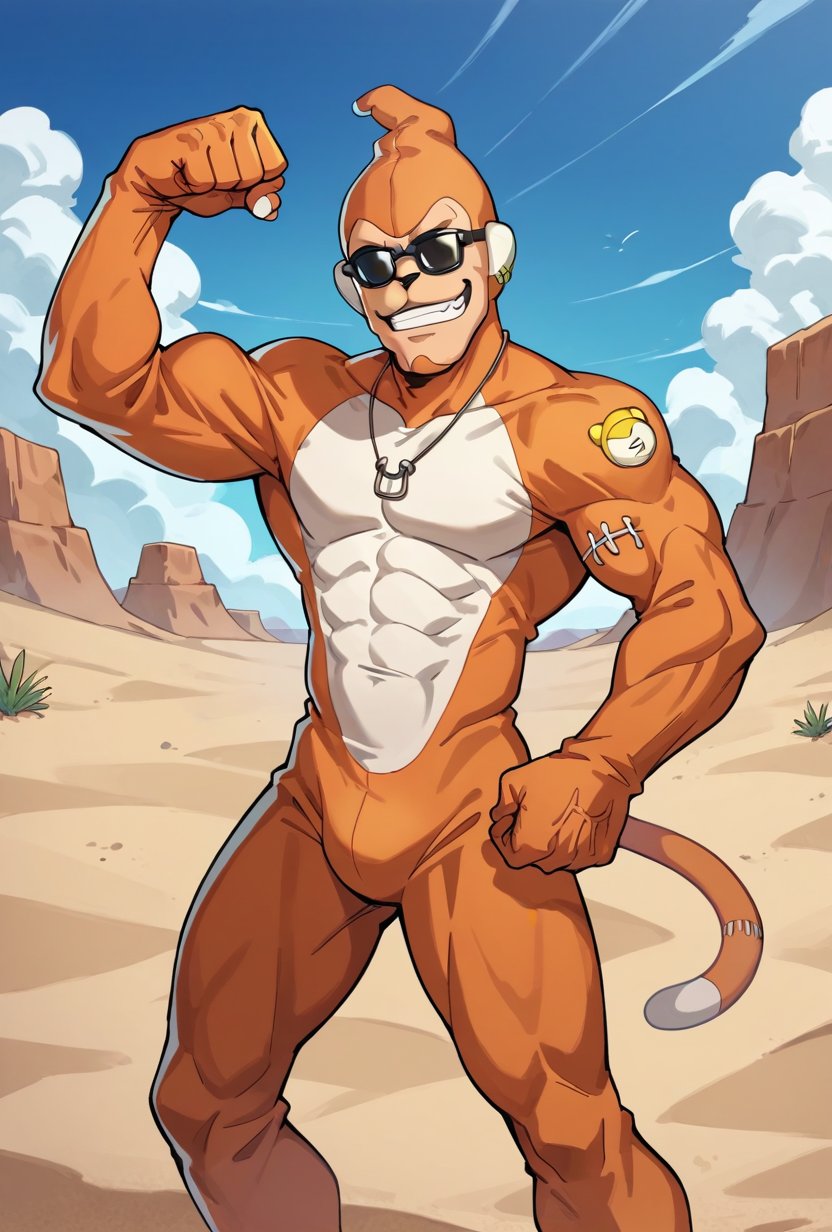 (score_9, score_8_up:1.1), score_7_up, etemon, furry, no humans, sunglasses, animal costume, full costume, muscular, smirk, flexing, cowboy shot, desert, sand background