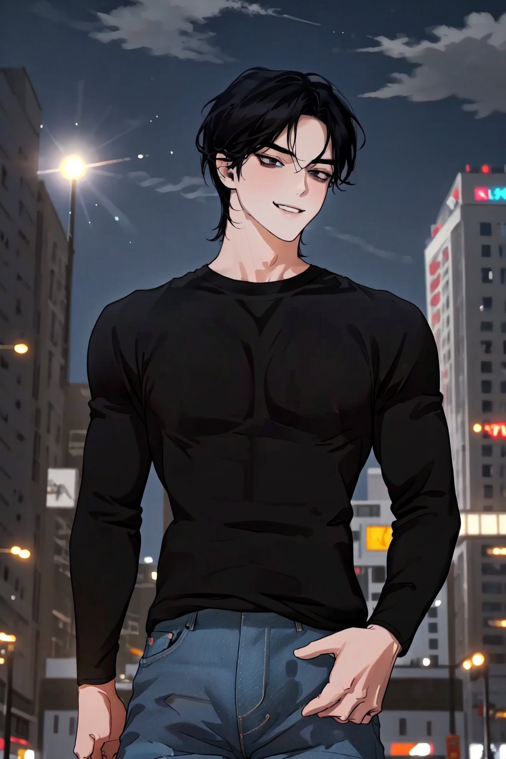 masterpiece,  best quality,  highly detailed background,  perfect lighting,  best quality,  (extremely detailed face),  volumetric lighting,  intricate details,  shadow,  tonemapping,  sharp focus,  hyper detailed,  trending on Artstation,  (solo)
BREAK
(1boy, male, black eyes, black hair,  muscular male)
BREAK
(Jeans, black t-shirt, long sleeves)
BREAK
(Outdoors, city, sky background)
BREAK
(Looking away, standing, light smile, cowboy shot)