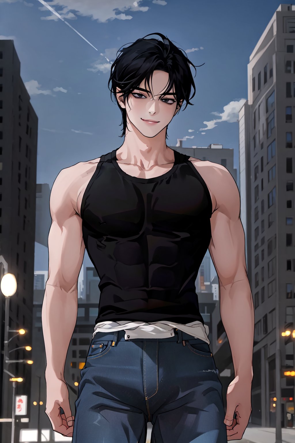 masterpiece,  best quality,  highly detailed background,  perfect lighting,  best quality,  (extremely detailed face),  volumetric lighting,  intricate details,  shadow,  tonemapping,  sharp focus,  hyper detailed,  trending on Artstation,  (solo)
BREAK
(1boy, male, black eyes, black hair,  muscular male)
BREAK
(Jeans, black tanktop)
BREAK
(Outdoors, city, sky background)
BREAK
(Looking away, standing, light smile)