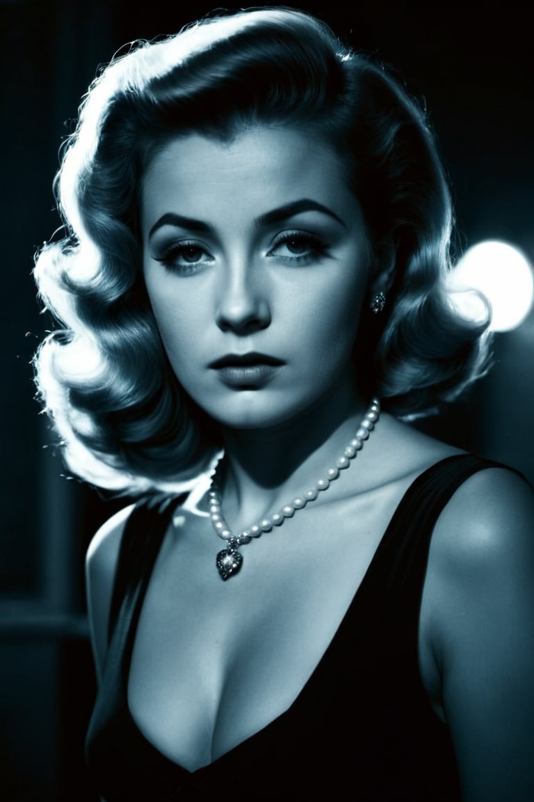 Film noir style, classic film noir style 
a woman with a very large hairdo and a necklace,cinematic,film,Hollywood,crime,drama,dramatic,dramatic light,low light,dim light,low-key light,shadow,partially covered in shadow,window light,dark light,cynical,1940s,1950s,classic,vintage,retro,visual style,realistic,film still,black film,night light,blue hour,motion picture,filmmaking style,neorealism,classic film noir style,1girl,solo,looking at viewer,monochrome,greyscale,male focus,lips,portrait, closeup, Monochrome, high contrast, dramatic shadows, 1940s style, mysterious, cinematic, black_and_white,

Close-up Portrait, hipster girl  21 years old, retro polka dot dress, pinup hairstyle, Classic Film Noir style, in a detectives office,Rembrandt Lighting Style