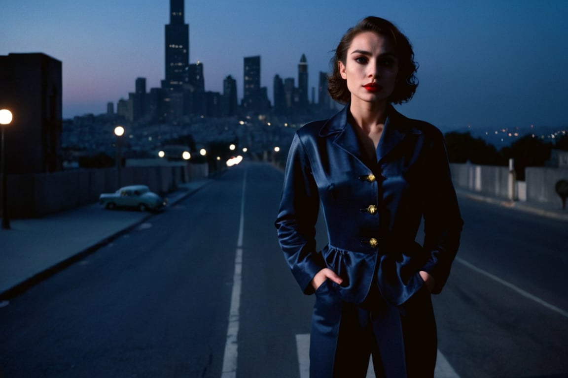 Film noir style, classic film noir style,
Female version of the dark knight joker, a girl in joker costume standing on a city street at night,cinematic,film,Hollywood,crime,drama,dramatic,dramatic light,low light,dim light,low-key light,shadow,partially covered in shadow,window light,dark light,cynical,1940s,1950s,classic,vintage,retro,visual style,realistic,film still,black film,night light,blue hour,motion picture,filmmaking style,neorealism,classic film noir style,solo,black hair,1 girl,standing,jacket, female focus,outdoors,sky,pants,night,ground vehicle,building,night sky,scenery,city,road,lamppost,street,traffic light, looking at camera, Monochrome, high contrast, dramatic shadows, 1940s style, mysterious, cinematic,adr