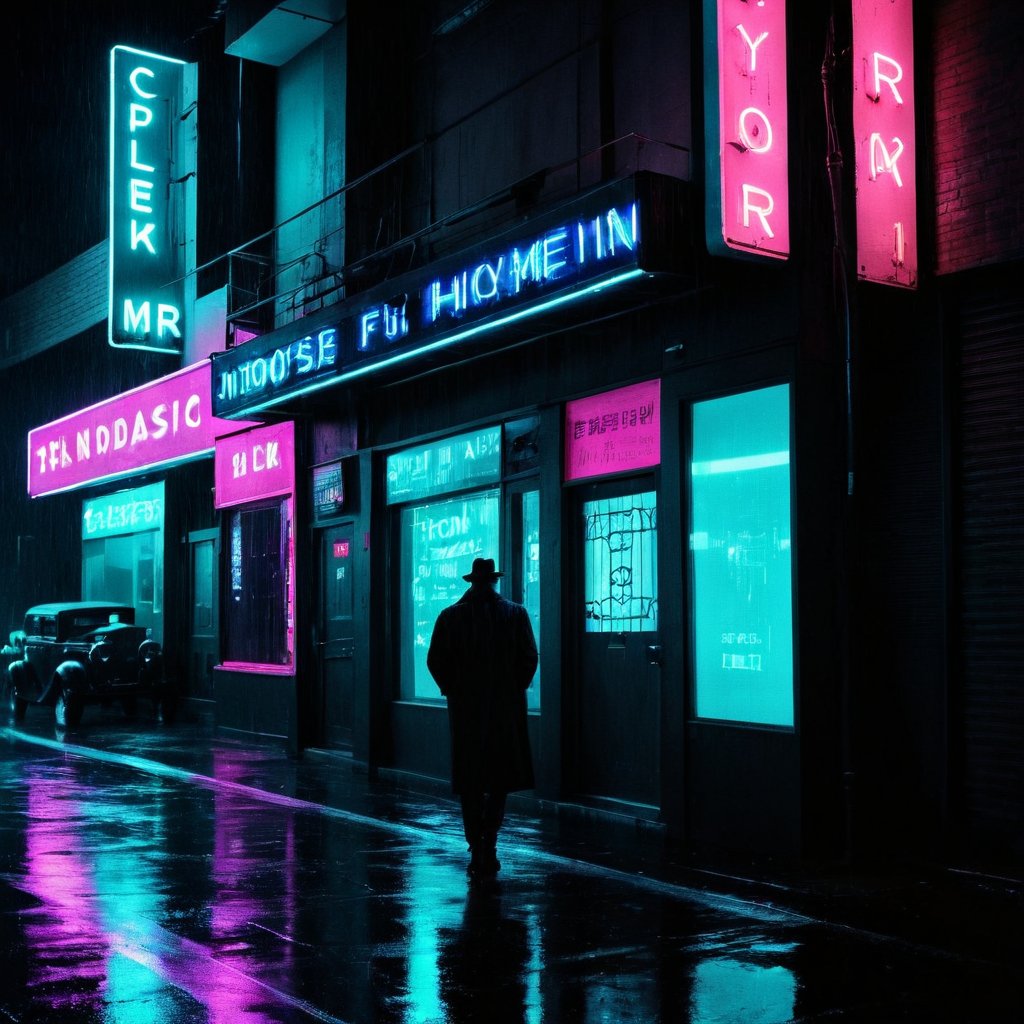 Neon noir, classic film noir style
, Cyberpunk, dark, rainy streets, neon signs, high contrast, low light, vibrant, highly detailed