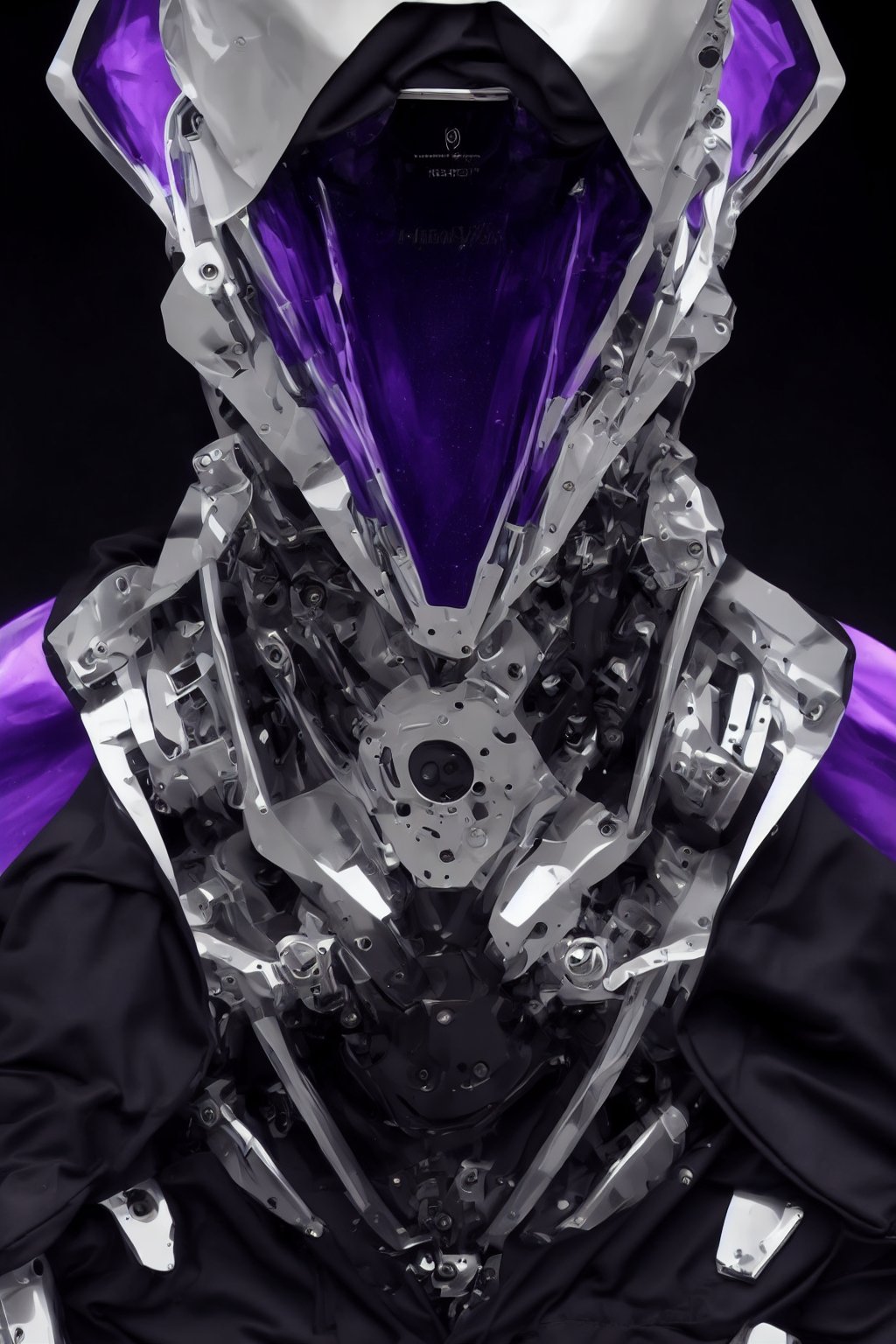 realism precision in detail of an berserker mecha robot techware semi transparent army robot in Ultraviolet (UV) rays color latex hoodie, cyberpunk style, techware design elements on it, in the style of mamoru nagano + noriyoshi ohrai + frank frazetta, studio lighting, chrome and silver plating, with white samoan tattoo  on hoodie bodywork, porcelain effect, minimalism translucent, precision in detail, blank white studio background, hyper realism, depth of field --ar 51:64 --niji 6 --style raw --s 750