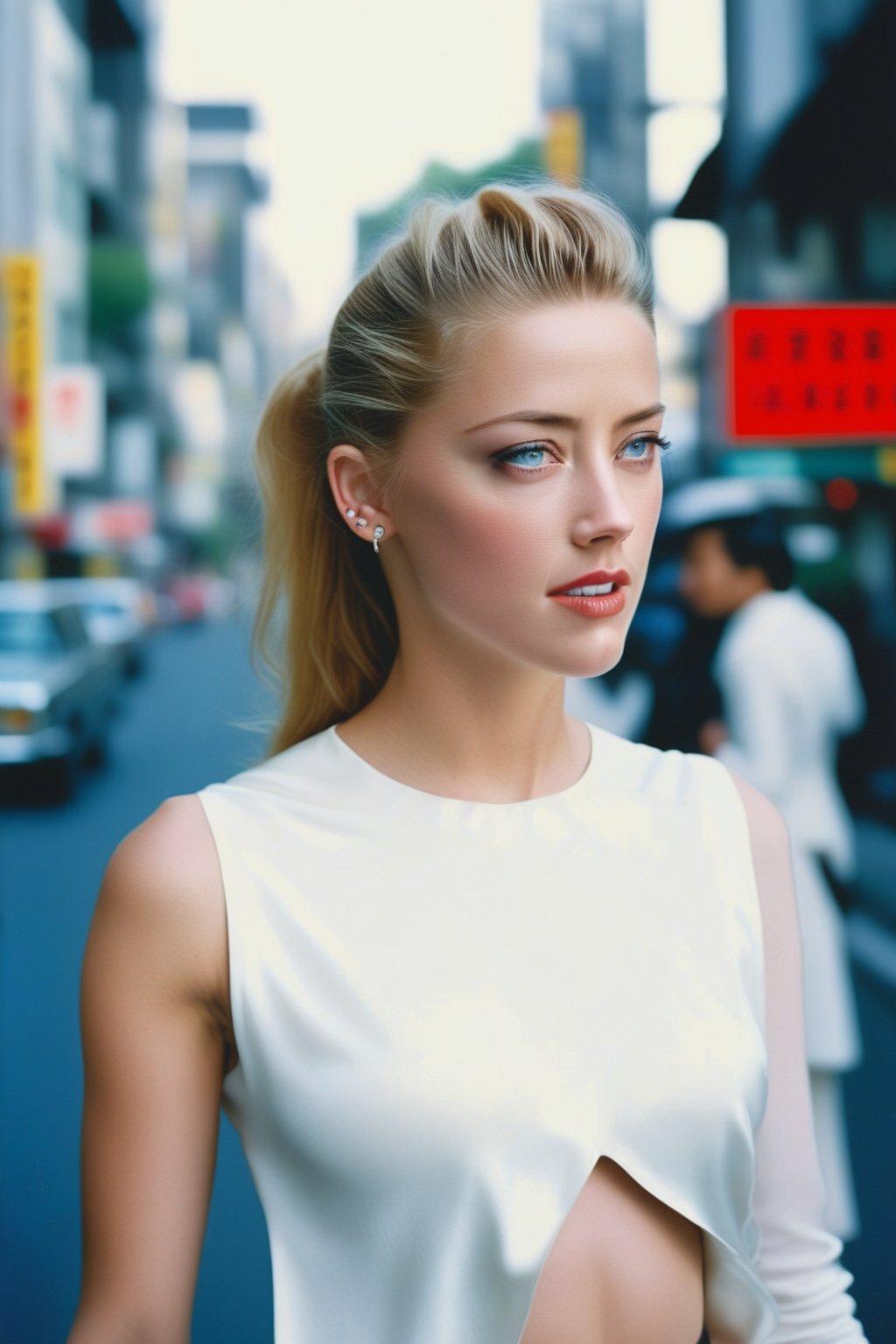 Portrait of Amber Heard looking into camera lens. A confident blonde woman with piercing blue eyes and a chic ponytail confidently walks through the vibrant streets of Tokyo, close up ,radiating sophistication and independence. Dressed in elegant attire, she captivates onlookers with her alluring presence. Her graceful stride harmonizes with the backdrop of iconic landmarks and bustling city life. Amidst the urban chaos, she exudes poise and confidence, embodying modern elegance against the historic charm  cityscape. photographer Steve McCurry, on Kodachrome 64 color slide film, with a Nikon FM2 camera and Nikkor 105mm Ai-S F2.5 lens