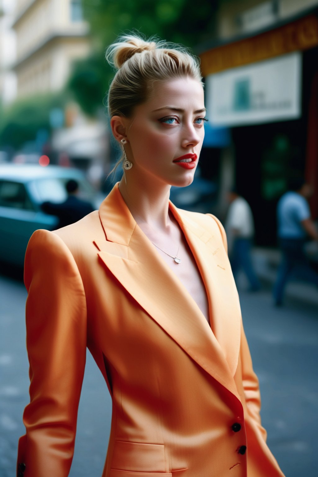 Portrait of Amber Heard looking into camera lens. A confident blonde woman with piercing blue eyes and a chic ponytail confidently walks through the vibrant streets of Bucharest, close up ,radiating sophistication and independence. Dressed in elegant attire, she captivates onlookers with her alluring presence. Her graceful stride harmonizes with the backdrop of iconic landmarks and bustling city life. Amidst the urban chaos, she exudes poise and confidence, embodying modern elegance against the historic charm  cityscape. photographer Steve McCurry, on Kodachrome 64 color slide film, with a Nikon FM2 camera and Nikkor 105mm Ai-S F2.5 lens