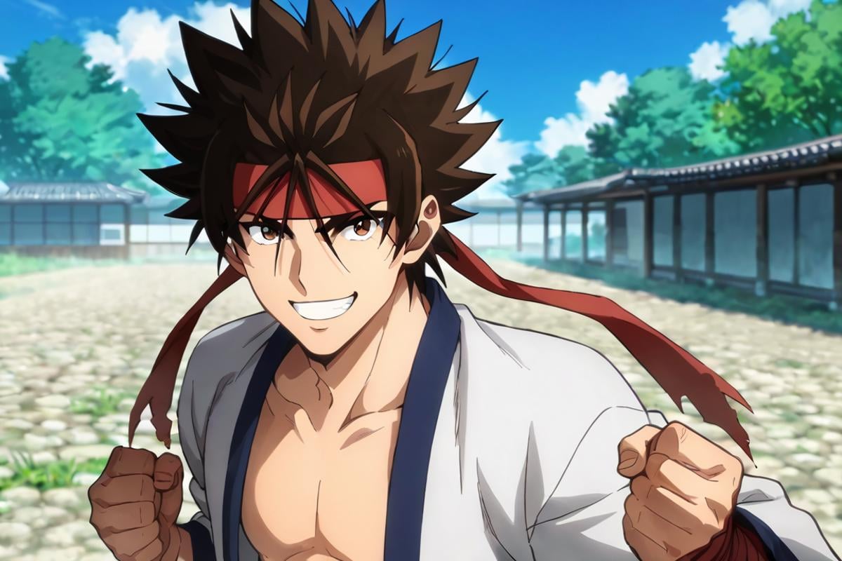 score_9,score_8_up,score_7_up,source_anime,1boy, solo,looking at viewer, outdoors, japanese,Sagara Sanosuke,brown hair, brown eyes,headband,spiked hair, dougi,sarashi, fighting_stance,fist, smile<lora:EMS-398284-EMS:0.800000>