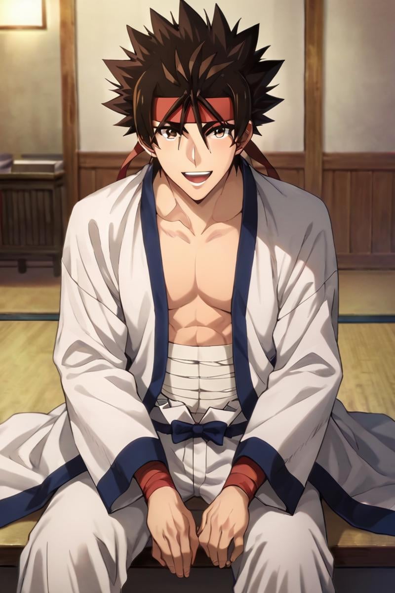 score_9,score_8_up,score_7_up,source_anime,1boy, solo,looking at viewer, indoors, japanese,Sagara Sanosuke,brown hair, brown eyes,headband,spiked hair, dougi,sarashi, sitting, smile, open mouth<lora:EMS-398284-EMS:0.800000>