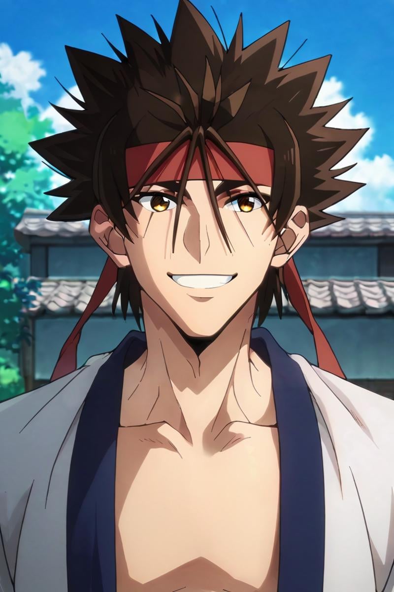 score_9,score_8_up,score_7_up,source_anime,1boy, solo,looking at viewer, outdoors, Sagara Sanosuke,brown hair, brown eyes,headband,spiked hair, upper body, smile<lora:EMS-398284-EMS:1.000000>