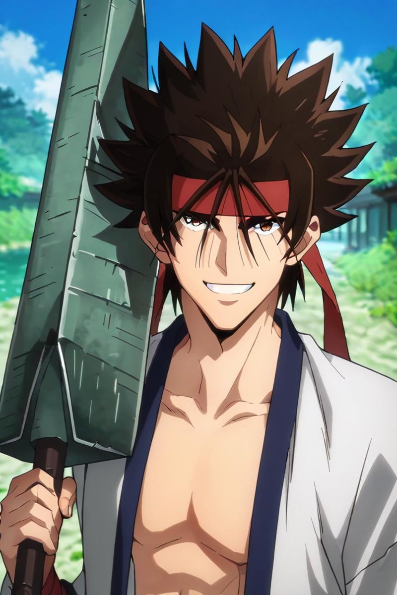 score_9,score_8_up,score_7_up,source_anime,1boy, solo,looking at viewer, outdoors, Sagara Sanosuke,brown hair, brown eyes,headband,spiked hair, upper body, dougi, Holding weapon,weapon,huge weapon,sword,weapon over shoulder, holding weapon, smile<lora:EMS-398284-EMS:1.000000>