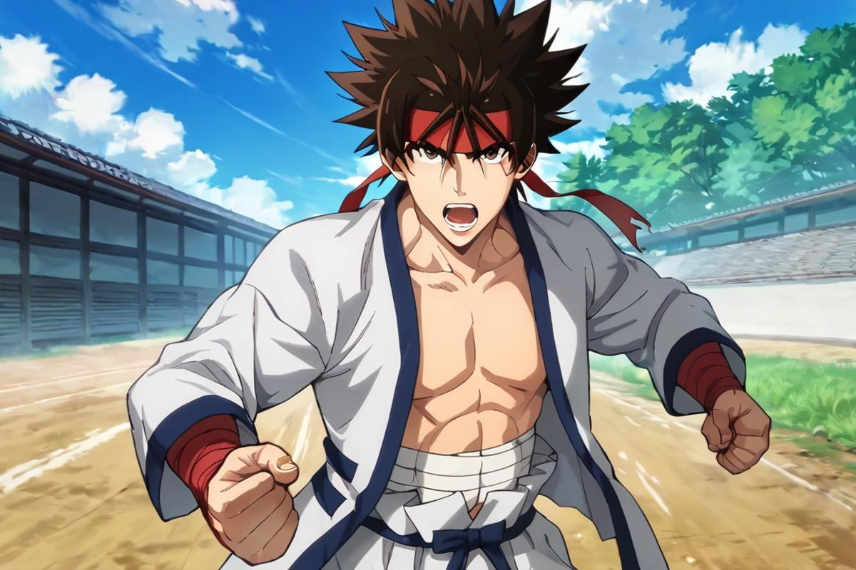 score_9,score_8_up,score_7_up,source_anime,1boy, solo,looking at viewer, outdoors, Sagara Sanosuke,brown hair, brown eyes,headband,spiked hair, dougi,sarashi, fighting_stance, open mouth, clenched_fist ,fighting pose<lora:EMS-398284-EMS:0.800000>