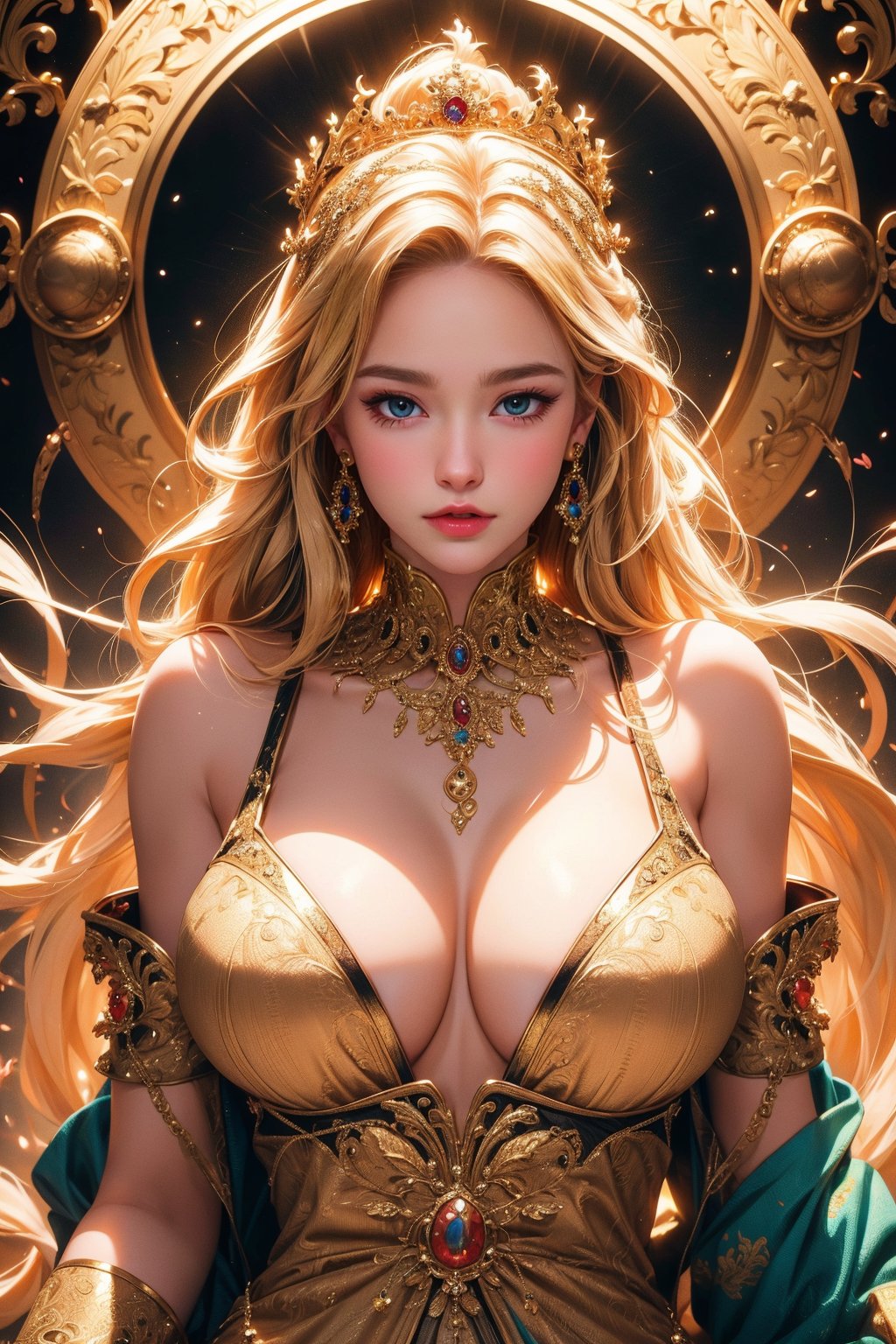 busty and sexy girl, 8k, masterpiece, ultra-realistic, best quality, high resolution, high definition,dressed in an elaborate, ornate costume, CROWN, JEWELRY,blonde,majestic aura,The costume is richly detailed with gold and dark tones,The background features decorative circular patterns that radiate outward,There is a glow around the figure, which gives an ethereal feel to the image