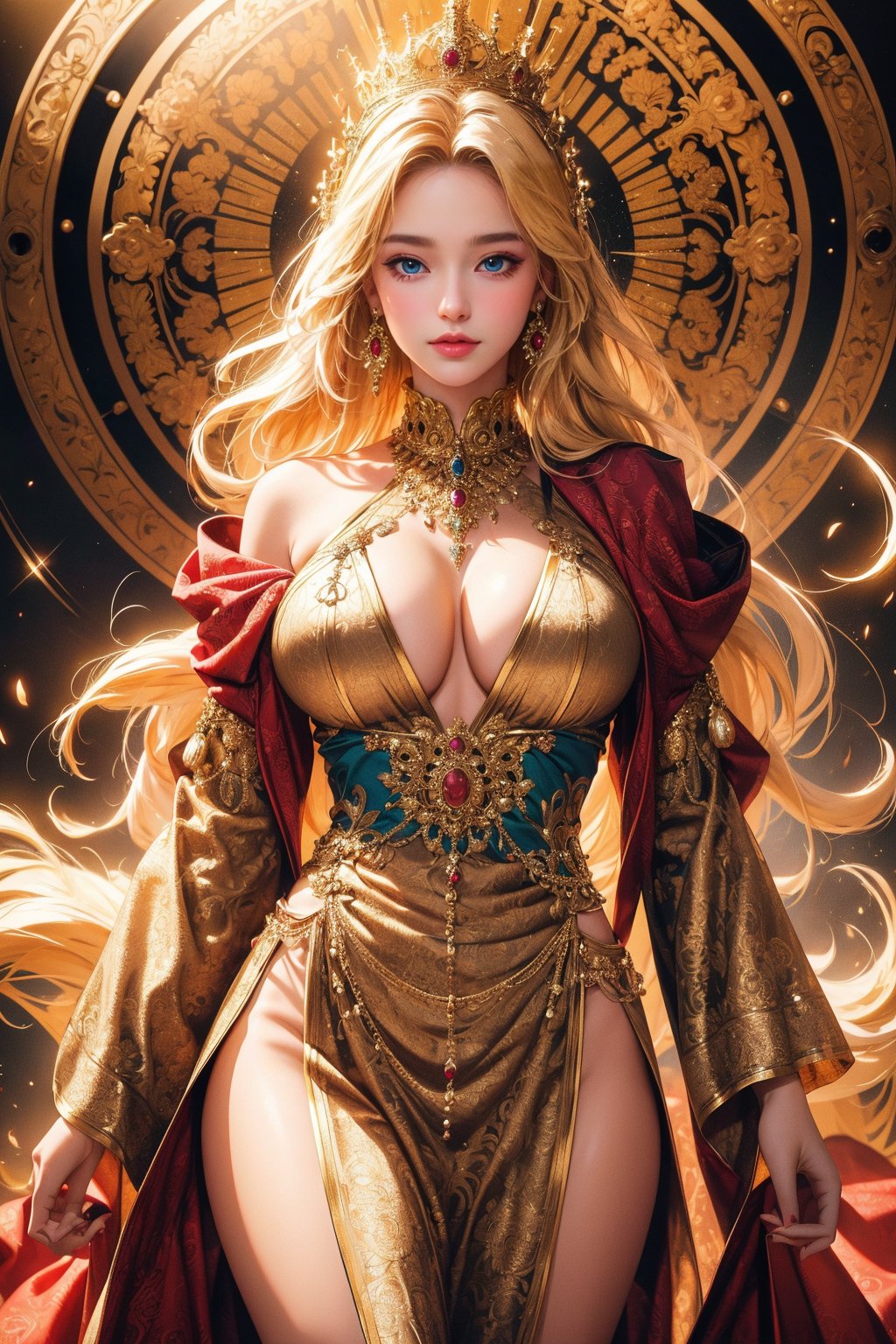 busty and sexy girl, 8k, masterpiece, ultra-realistic, best quality, high resolution, high definition,dressed in an elaborate, ornate costume, CROWN, JEWELRY,blonde,majestic aura,The costume is richly detailed with gold and dark tones,The background features decorative circular patterns that radiate outward,There is a glow around the figure, which gives an ethereal feel to the image