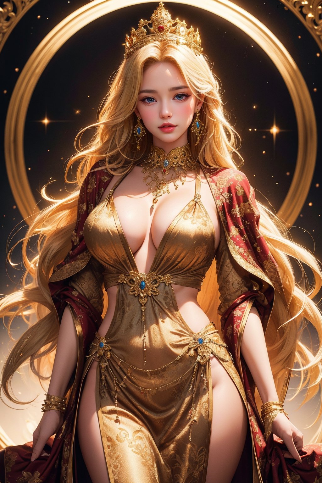 busty and sexy girl, 8k, masterpiece, ultra-realistic, best quality, high resolution, high definition,dressed in an elaborate, ornate costume, CROWN, JEWELRY,blonde,majestic aura,The costume is richly detailed with gold and dark tones,The background features decorative circular patterns that radiate outward,There is a glow around the figure, which gives an ethereal feel to the image,GQ