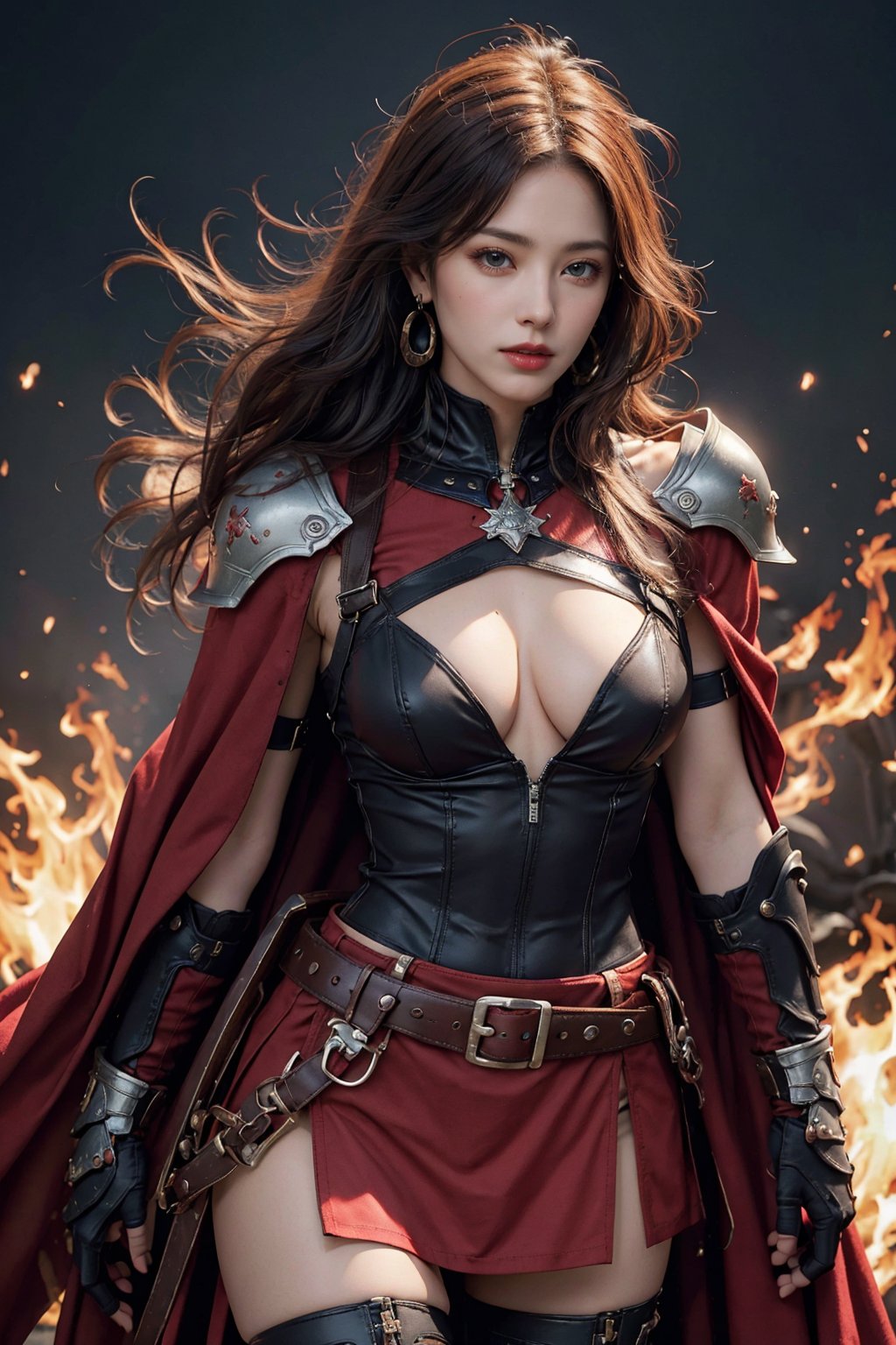 busty and sexy girl, 8k, masterpiece, ultra-realistic, best quality, high resolution, high definition, long hair, thighhighs, gloves,  jewelry, cowboy shot, earrings, belt, black skirt, armor, thigh boots, fire, shoulder armor, gauntlets, red gloves, pauldrons, red cape