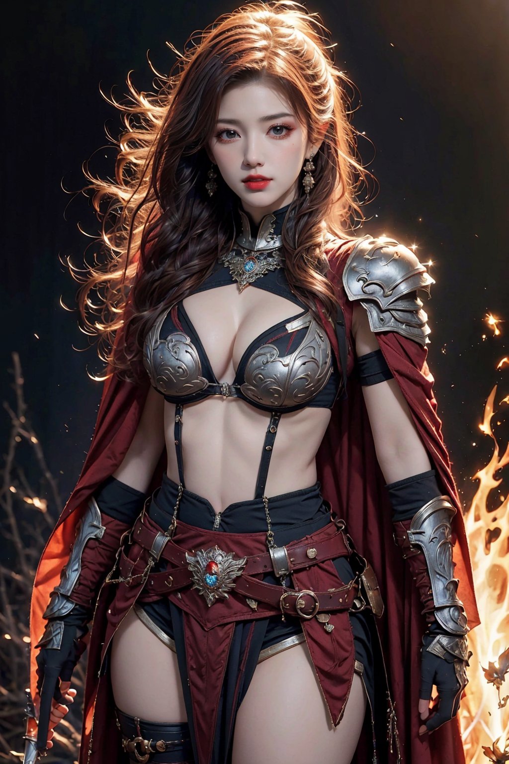 busty and sexy girl, 8k, masterpiece, ultra-realistic, best quality, high resolution, high definition, long hair, thighhighs, gloves,  jewelry, cowboy shot, earrings, belt, black skirt, armor, thigh boots, fire, shoulder armor, gauntlets, red gloves, pauldrons, red cape