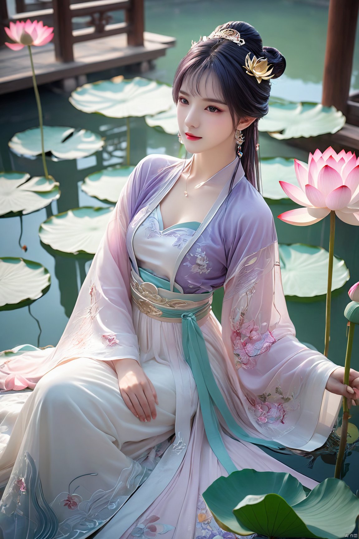  Xtianqiong,(1girl:1.1), (Lace purple skirt:1.39), on Stomach,aqua_earrings,Lights, lanterns, chang,(big breasts:1.89),hanfu, Best quality, Realistic, photorealistic, masterpiece, extremely detailed CG unity 8k wallpaper, best illumination, best shadow, huge filesize ,(huge breasts:1.69) incredibly absurdres, absurdres, looking at viewer, transparent, smog, gauze, vase, petals, room, ancient Chinese style, detailed background, wide shot background,
(((purple hair))),(Sitting on the lotus pond porch:1.49) ,(A pond full of pink lotus flowers:1.5),close up of 1girl,Hairpins,hair ornament,hair wings,slim,narrow waist,perfect eyes,beautiful perfect face,pleasant smile,perfect female figure,detailed skin,charming,alluring,seductive,erotic,enchanting,delicate pattern,detailed complex and rich exquisite clothing detail,delicate intricate fabrics,
Morning Serenade In the gentle morning glow, (a woman in a pink lotus-patterned Hanfu stands in an indoor courtyard:1.36),(Chinese traditional dragon and phoenix embroidered Hanfu:1.3), admiring the tranquil garden scenery. The lotus-patterned Hanfu, embellished with silver-thread embroidery, is softly illuminated by the morning light. The light mint green Hanfu imparts a sense of calm and freshness, adorned with delicate lotus patterns, with a blurred background to enhance the peaceful atmosphere,,Xtianqiong, traditional chinese ink painting