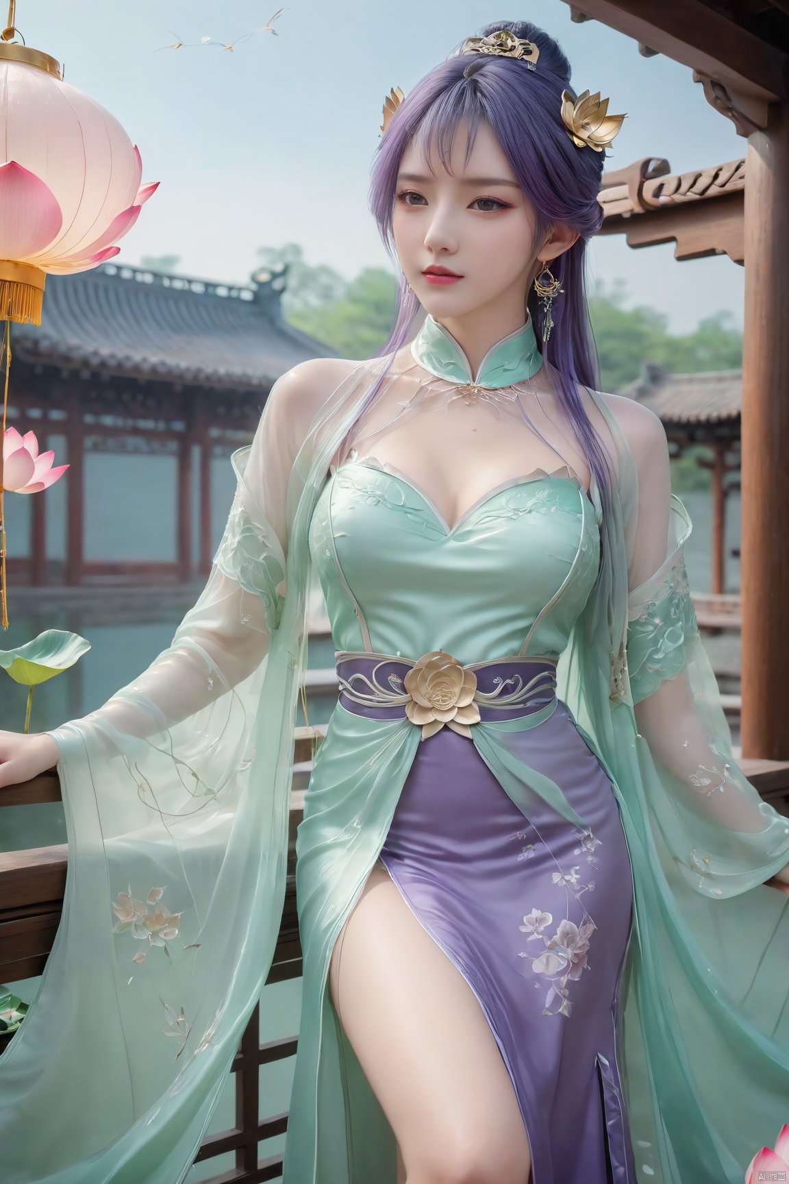  Xtianqiong,(1girl:1.1), (Lace purple skirt:1.39), on Stomach,aqua_earrings,Lights, lanterns, chang,(big breasts:1.63),hanfu, Best quality, Realistic, photorealistic, masterpiece, extremely detailed CG unity 8k wallpaper, best illumination, best shadow, huge filesize ,(huge breasts:1.69) incredibly absurdres, absurdres, looking at viewer, transparent, smog, gauze, vase, petals, room, ancient Chinese style, detailed background, wide shot background,
(((purple hair))),(Sitting on the lotus pond porch:1.49) ,(A pond full of pink lotus flowers:1.5),close up of 1girl,Hairpins,hair ornament,hair wings,slim,narrow waist,perfect eyes,beautiful perfect face,pleasant smile,perfect female figure,detailed skin,charming,alluring,seductive,erotic,enchanting,delicate pattern,detailed complex and rich exquisite clothing detail,delicate intricate fabrics,
Morning Serenade In the gentle morning glow, (a woman in a pink lotus-patterned Hanfu stands in an indoor courtyard:1.36),(Chinese traditional dragon and phoenix embroidered Hanfu:1.3), admiring the tranquil garden scenery. The lotus-patterned Hanfu, embellished with silver-thread embroidery, is softly illuminated by the morning light. The light mint green Hanfu imparts a sense of calm and freshness, adorned with delicate lotus patterns, with a blurred background to enhance the peaceful atmosphere,,Xtianqiong, traditional chinese ink painting