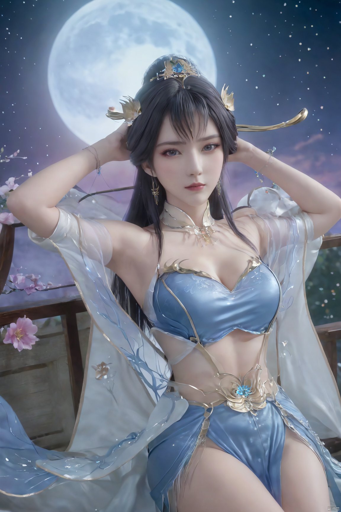 1girl,Xtianqiong,flower,(big breasts:1.39),moon,