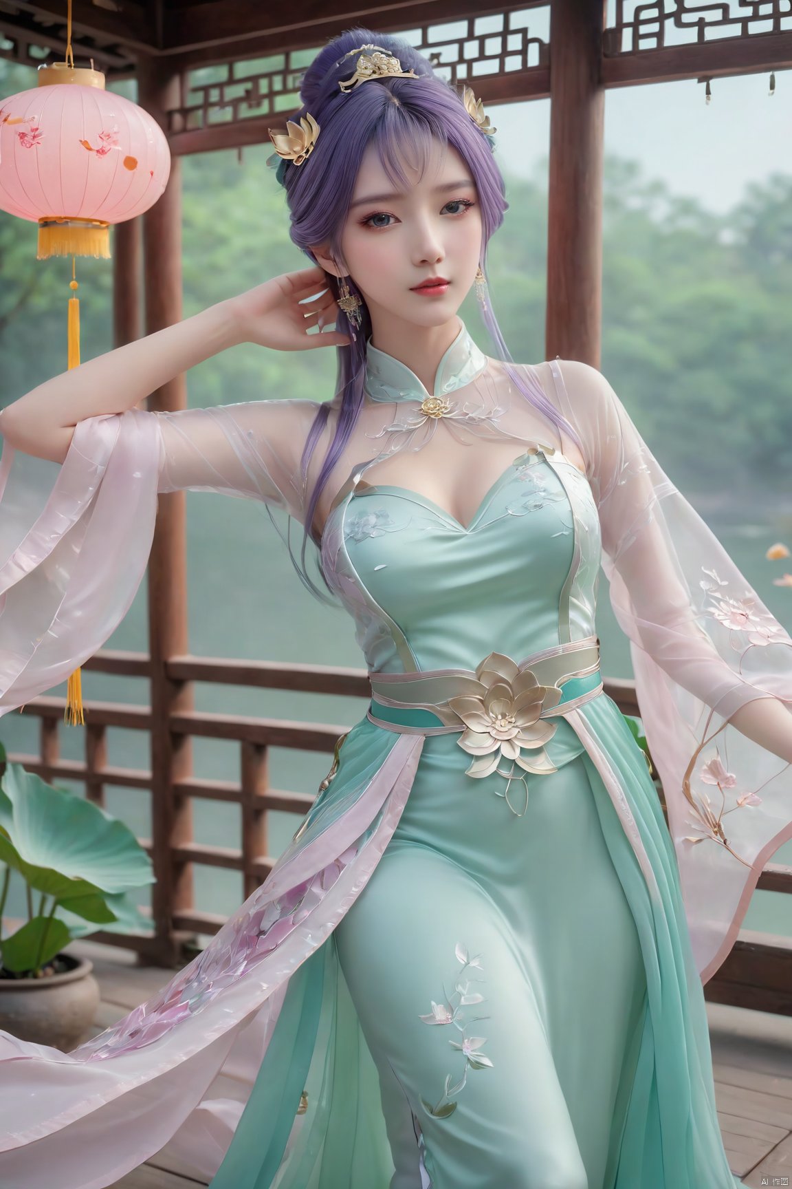  Xtianqiong,(1girl:1.1), (Lace purple skirt:1.39), on Stomach,aqua_earrings,Lights, lanterns, chang,(big breasts:1.89),hanfu, Best quality, Realistic, photorealistic, masterpiece, extremely detailed CG unity 8k wallpaper, best illumination, best shadow, huge filesize ,(huge breasts:1.69) incredibly absurdres, absurdres, looking at viewer, transparent, smog, gauze, vase, petals, room, ancient Chinese style, detailed background, wide shot background,
(((purple hair))),(Sitting on the lotus pond porch:1.49) ,(A pond full of pink lotus flowers:1.5),close up of 1girl,Hairpins,hair ornament,hair wings,slim,narrow waist,perfect eyes,beautiful perfect face,pleasant smile,perfect female figure,detailed skin,charming,alluring,seductive,erotic,enchanting,delicate pattern,detailed complex and rich exquisite clothing detail,delicate intricate fabrics,
Morning Serenade In the gentle morning glow, (a woman in a pink lotus-patterned Hanfu stands in an indoor courtyard:1.36),(Chinese traditional dragon and phoenix embroidered Hanfu:1.3), admiring the tranquil garden scenery. The lotus-patterned Hanfu, embellished with silver-thread embroidery, is softly illuminated by the morning light. The light mint green Hanfu imparts a sense of calm and freshness, adorned with delicate lotus patterns, with a blurred background to enhance the peaceful atmosphere,,Xtianqiong, traditional chinese ink painting