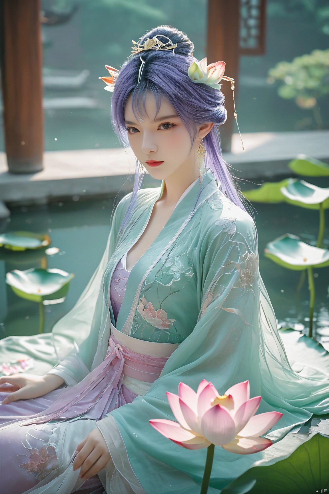  Xtianqiong,(1girl:1.1), (Lace purple skirt:1.39), on Stomach,aqua_earrings,Lights, lanterns, chang,(big breasts:1.89),hanfu, Best quality, Realistic, photorealistic, masterpiece, extremely detailed CG unity 8k wallpaper, best illumination, best shadow, huge filesize ,(huge breasts:1.69) incredibly absurdres, absurdres, looking at viewer, transparent, smog, gauze, vase, petals, room, ancient Chinese style, detailed background, wide shot background,
(((purple hair))),(Sitting on the lotus pond porch:1.49) ,(A pond full of pink lotus flowers:1.5),close up of 1girl,Hairpins,hair ornament,hair wings,slim,narrow waist,perfect eyes,beautiful perfect face,pleasant smile,perfect female figure,detailed skin,charming,alluring,seductive,erotic,enchanting,delicate pattern,detailed complex and rich exquisite clothing detail,delicate intricate fabrics,
Morning Serenade In the gentle morning glow, (a woman in a pink lotus-patterned Hanfu stands in an indoor courtyard:1.36),(Chinese traditional dragon and phoenix embroidered Hanfu:1.3), admiring the tranquil garden scenery. The lotus-patterned Hanfu, embellished with silver-thread embroidery, is softly illuminated by the morning light. The light mint green Hanfu imparts a sense of calm and freshness, adorned with delicate lotus patterns, with a blurred background to enhance the peaceful atmosphere,,Xtianqiong, traditional chinese ink painting