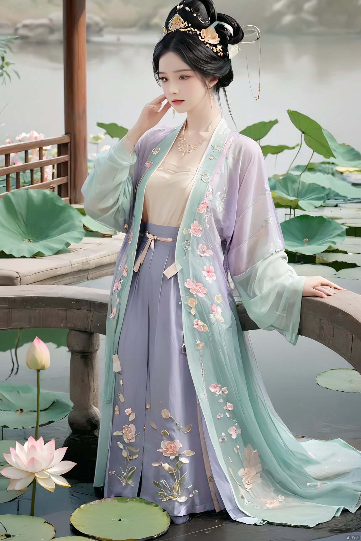  Xtianqiong,(1girl:1.1), (Lace purple skirt:1.39), on Stomach,aqua_earrings,Lights, lanterns, chang,(big breasts:1.89),hanfu, Best quality, Realistic, photorealistic, masterpiece, extremely detailed CG unity 8k wallpaper, best illumination, best shadow, huge filesize ,(huge breasts:1.69) incredibly absurdres, absurdres, looking at viewer, transparent, smog, gauze, vase, petals, room, ancient Chinese style, detailed background, wide shot background,
(((purple hair))),(Sitting on the lotus pond porch:1.49) ,(A pond full of pink lotus flowers:1.5),close up of 1girl,Hairpins,hair ornament,hair wings,slim,narrow waist,perfect eyes,beautiful perfect face,pleasant smile,perfect female figure,detailed skin,charming,alluring,seductive,erotic,enchanting,delicate pattern,detailed complex and rich exquisite clothing detail,delicate intricate fabrics,
Morning Serenade In the gentle morning glow, (a woman in a pink lotus-patterned Hanfu stands in an indoor courtyard:1.36),(Chinese traditional dragon and phoenix embroidered Hanfu:1.3), admiring the tranquil garden scenery. The lotus-patterned Hanfu, embellished with silver-thread embroidery, is softly illuminated by the morning light. The light mint green Hanfu imparts a sense of calm and freshness, adorned with delicate lotus patterns, with a blurred background to enhance the peaceful atmosphere,,Xtianqiong, traditional chinese ink painting