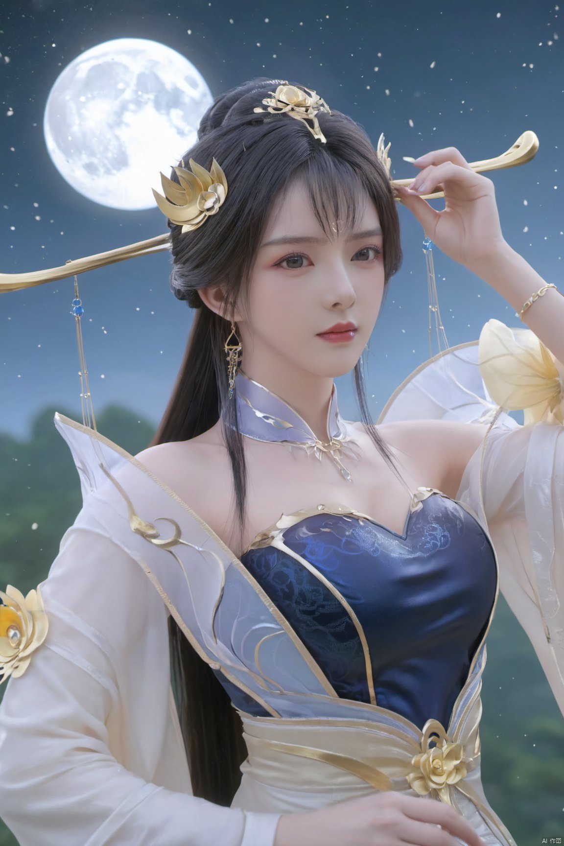 1girl,Xtianqiong,flower,(big breasts:1.39),moon,