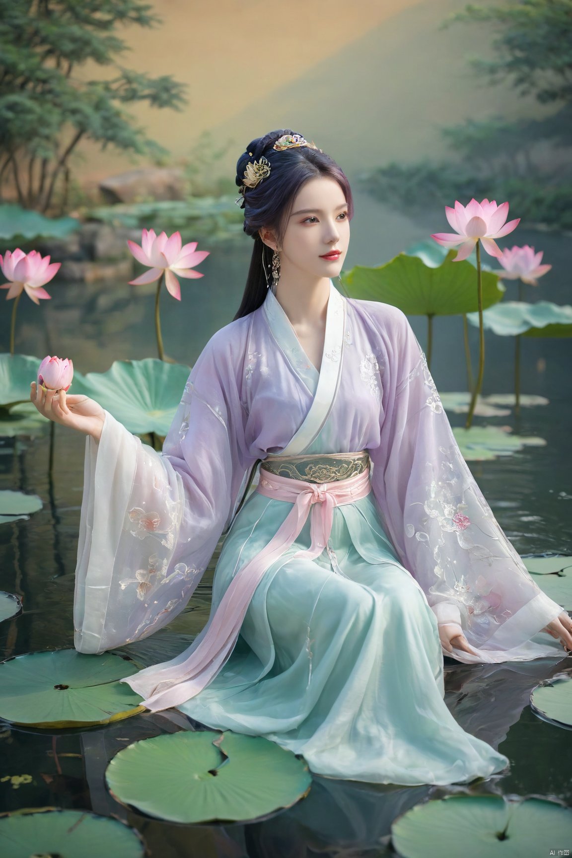  Xtianqiong,(1girl:1.1), (Lace purple skirt:1.39), on Stomach,aqua_earrings,Lights, lanterns, chang,(big breasts:1.89),hanfu, Best quality, Realistic, photorealistic, masterpiece, extremely detailed CG unity 8k wallpaper, best illumination, best shadow, huge filesize ,(huge breasts:1.69) incredibly absurdres, absurdres, looking at viewer, transparent, smog, gauze, vase, petals, room, ancient Chinese style, detailed background, wide shot background,
(((purple hair))),(Sitting on the lotus pond porch:1.49) ,(A pond full of pink lotus flowers:1.5),close up of 1girl,Hairpins,hair ornament,hair wings,slim,narrow waist,perfect eyes,beautiful perfect face,pleasant smile,perfect female figure,detailed skin,charming,alluring,seductive,erotic,enchanting,delicate pattern,detailed complex and rich exquisite clothing detail,delicate intricate fabrics,
Morning Serenade In the gentle morning glow, (a woman in a pink lotus-patterned Hanfu stands in an indoor courtyard:1.36),(Chinese traditional dragon and phoenix embroidered Hanfu:1.3), admiring the tranquil garden scenery. The lotus-patterned Hanfu, embellished with silver-thread embroidery, is softly illuminated by the morning light. The light mint green Hanfu imparts a sense of calm and freshness, adorned with delicate lotus patterns, with a blurred background to enhance the peaceful atmosphere,,Xtianqiong, traditional chinese ink painting