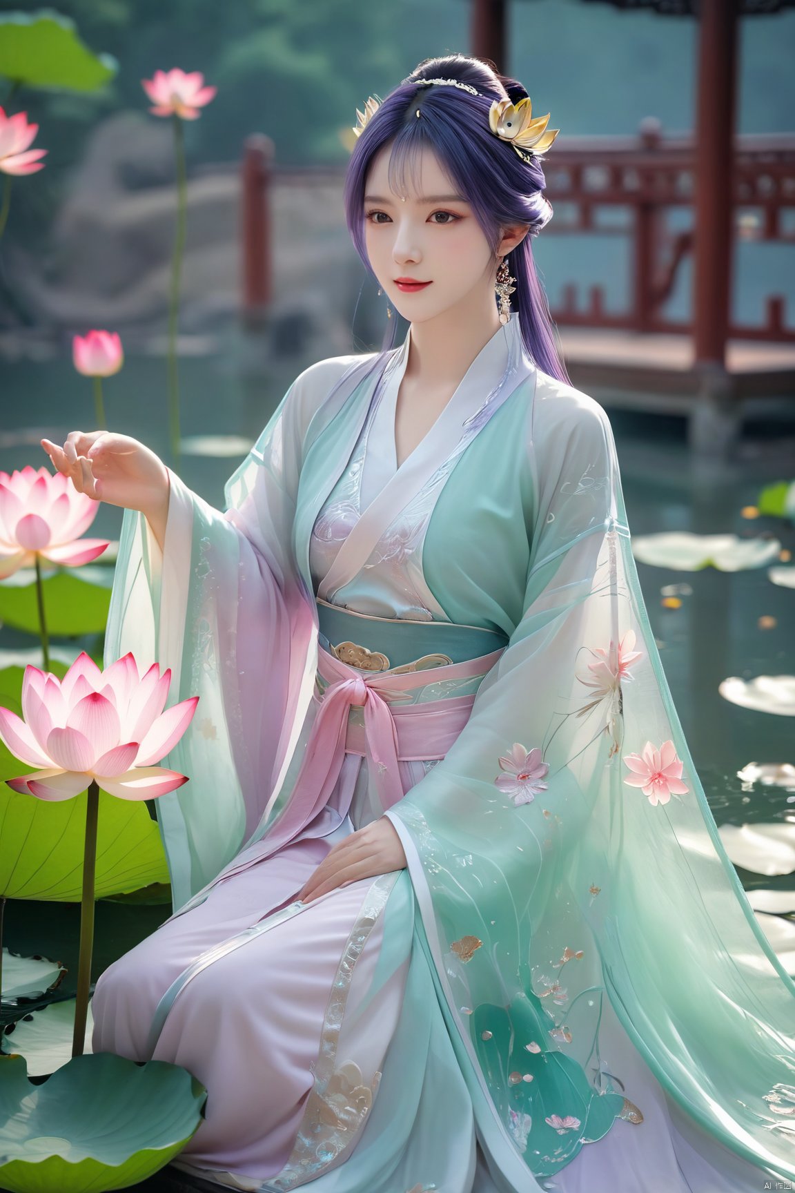  Xtianqiong,(1girl:1.1), (Lace purple skirt:1.39), on Stomach,aqua_earrings,Lights, lanterns, chang,(big breasts:1.63),hanfu, Best quality, Realistic, photorealistic, masterpiece, extremely detailed CG unity 8k wallpaper, best illumination, best shadow, huge filesize ,(huge breasts:1.69) incredibly absurdres, absurdres, looking at viewer, transparent, smog, gauze, vase, petals, room, ancient Chinese style, detailed background, wide shot background,
(((purple hair))),(Sitting on the lotus pond porch:1.49) ,(A pond full of pink lotus flowers:1.5),close up of 1girl,Hairpins,hair ornament,hair wings,slim,narrow waist,perfect eyes,beautiful perfect face,pleasant smile,perfect female figure,detailed skin,charming,alluring,seductive,erotic,enchanting,delicate pattern,detailed complex and rich exquisite clothing detail,delicate intricate fabrics,
Morning Serenade In the gentle morning glow, (a woman in a pink lotus-patterned Hanfu stands in an indoor courtyard:1.36),(Chinese traditional dragon and phoenix embroidered Hanfu:1.3), admiring the tranquil garden scenery. The lotus-patterned Hanfu, embellished with silver-thread embroidery, is softly illuminated by the morning light. The light mint green Hanfu imparts a sense of calm and freshness, adorned with delicate lotus patterns, with a blurred background to enhance the peaceful atmosphere,,Xtianqiong