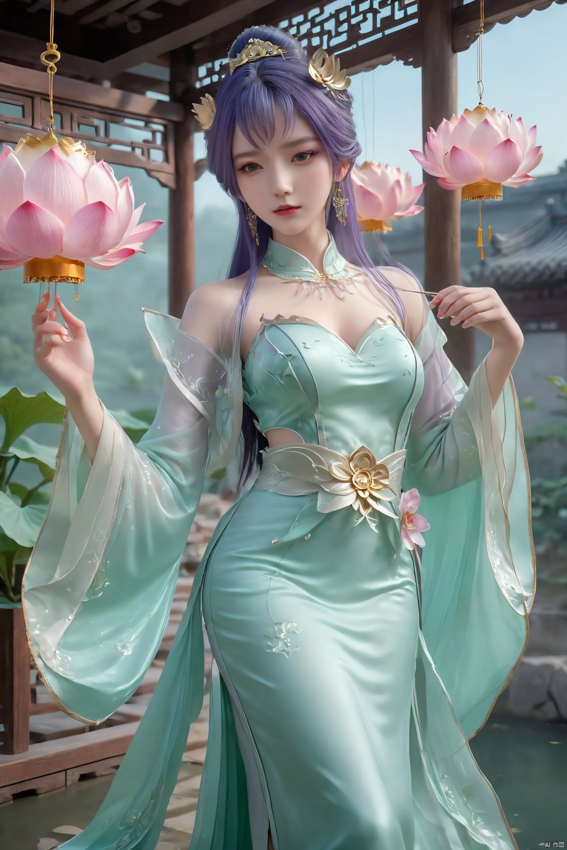  Xtianqiong,(1girl:1.1), (Lace purple skirt:1.39), on Stomach,aqua_earrings,Lights, lanterns, chang,(big breasts:1.89),hanfu, Best quality, Realistic, photorealistic, masterpiece, extremely detailed CG unity 8k wallpaper, best illumination, best shadow, huge filesize ,(huge breasts:1.69) incredibly absurdres, absurdres, looking at viewer, transparent, smog, gauze, vase, petals, room, ancient Chinese style, detailed background, wide shot background,
(((purple hair))),(Sitting on the lotus pond porch:1.49) ,(A pond full of pink lotus flowers:1.5),close up of 1girl,Hairpins,hair ornament,hair wings,slim,narrow waist,perfect eyes,beautiful perfect face,pleasant smile,perfect female figure,detailed skin,charming,alluring,seductive,erotic,enchanting,delicate pattern,detailed complex and rich exquisite clothing detail,delicate intricate fabrics,
Morning Serenade In the gentle morning glow, (a woman in a pink lotus-patterned Hanfu stands in an indoor courtyard:1.36),(Chinese traditional dragon and phoenix embroidered Hanfu:1.3), admiring the tranquil garden scenery. The lotus-patterned Hanfu, embellished with silver-thread embroidery, is softly illuminated by the morning light. The light mint green Hanfu imparts a sense of calm and freshness, adorned with delicate lotus patterns, with a blurred background to enhance the peaceful atmosphere,,Xtianqiong, traditional chinese ink painting