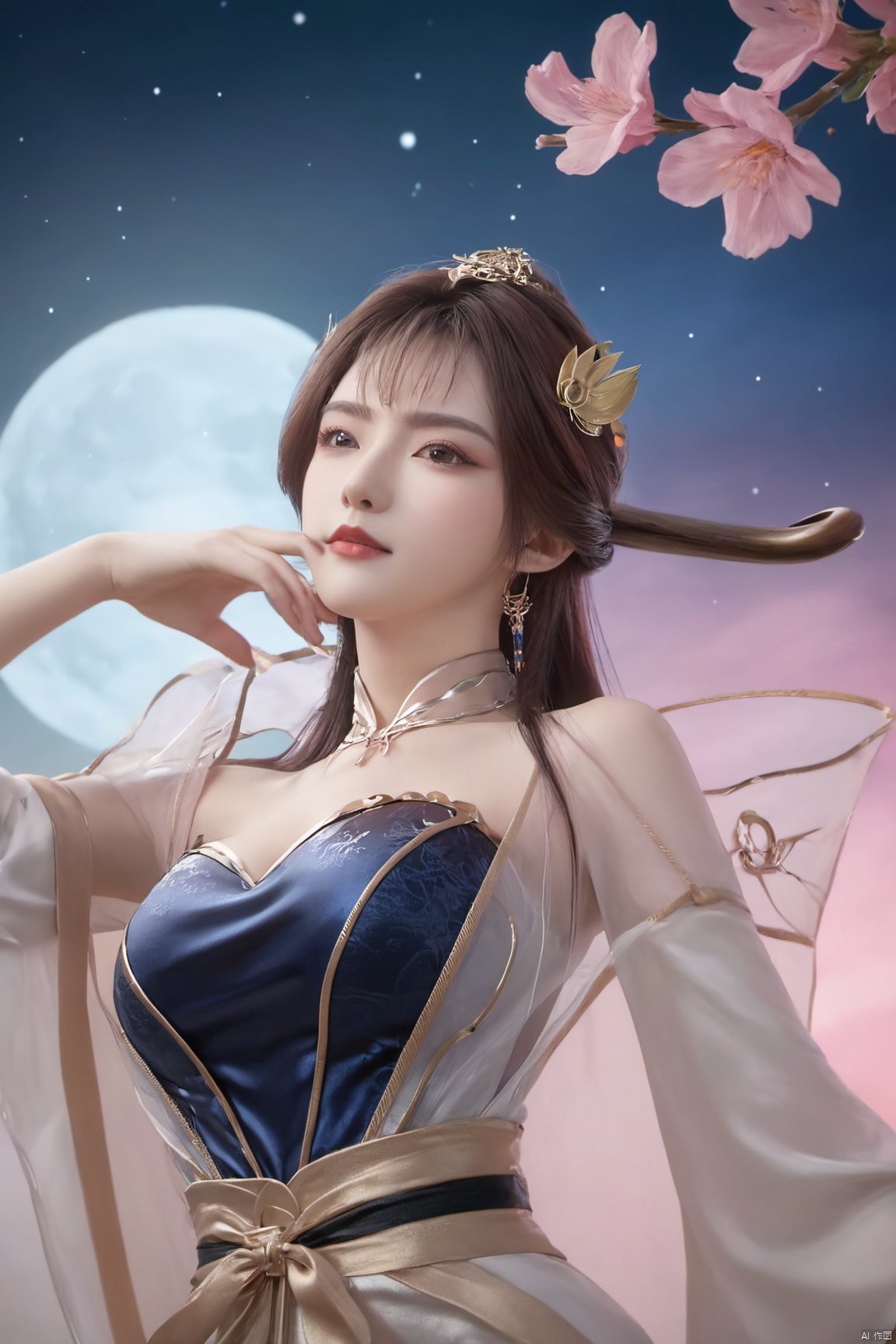 1girl,Xtianqiong,flower,(big breasts:1.39),moon,