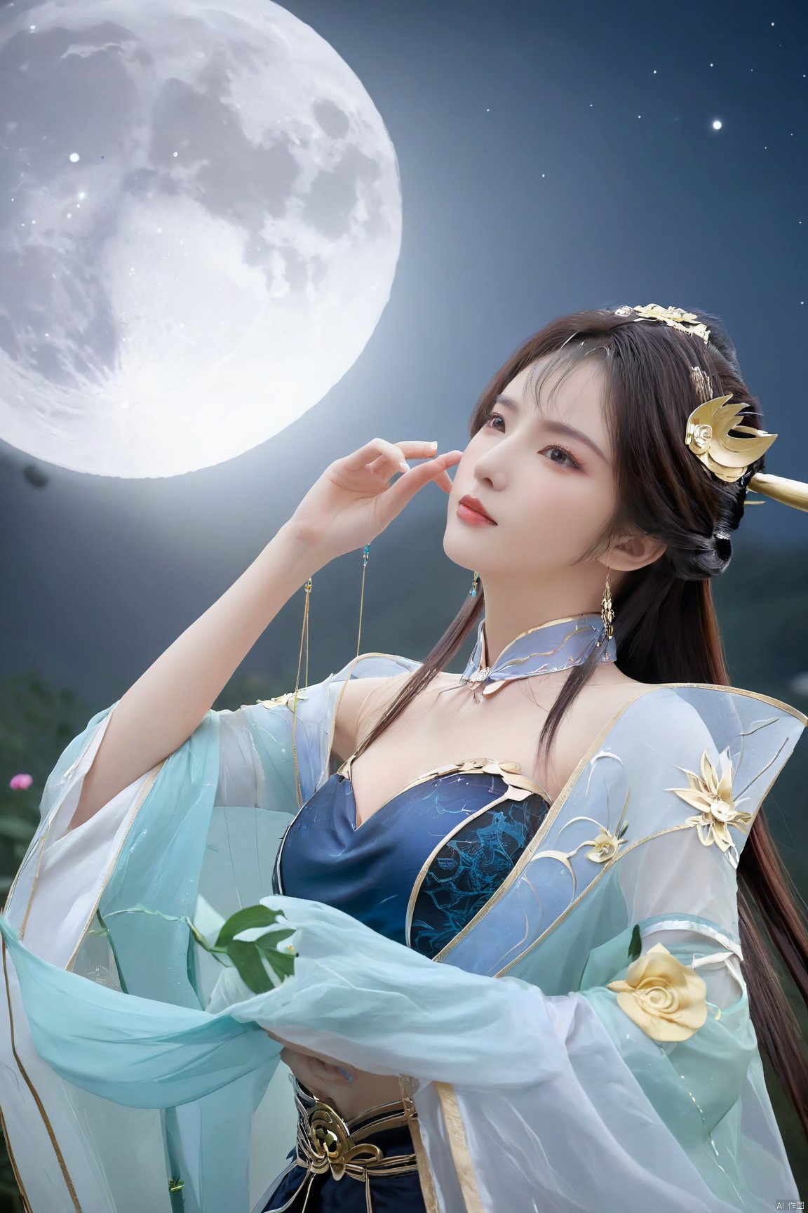 1girl,Xtianqiong,flower,(big breasts:1.39),moon,