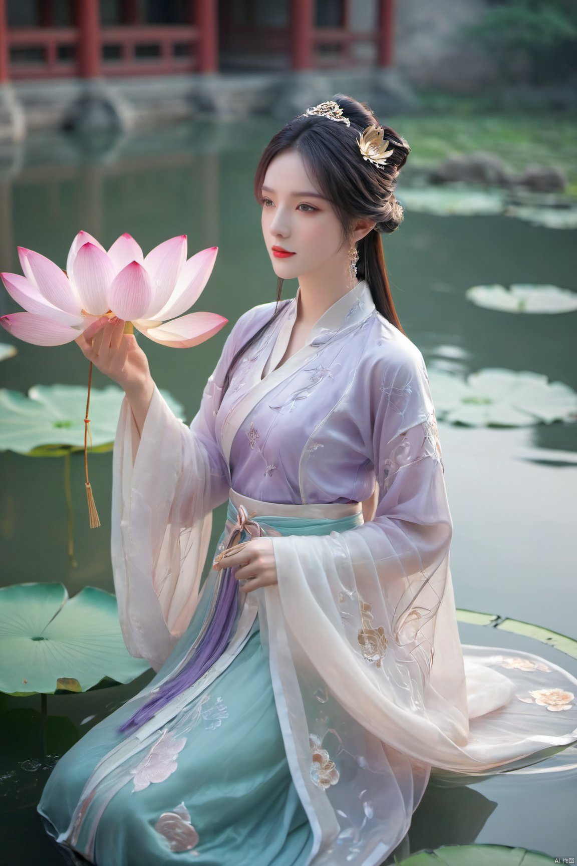  Xtianqiong,(1girl:1.1), (Lace purple skirt:1.39), on Stomach,aqua_earrings,Lights, lanterns, chang,(big breasts:1.89),hanfu, Best quality, Realistic, photorealistic, masterpiece, extremely detailed CG unity 8k wallpaper, best illumination, best shadow, huge filesize ,(huge breasts:1.69) incredibly absurdres, absurdres, looking at viewer, transparent, smog, gauze, vase, petals, room, ancient Chinese style, detailed background, wide shot background,
(((purple hair))),(Sitting on the lotus pond porch:1.49) ,(A pond full of pink lotus flowers:1.5),close up of 1girl,Hairpins,hair ornament,hair wings,slim,narrow waist,perfect eyes,beautiful perfect face,pleasant smile,perfect female figure,detailed skin,charming,alluring,seductive,erotic,enchanting,delicate pattern,detailed complex and rich exquisite clothing detail,delicate intricate fabrics,
Morning Serenade In the gentle morning glow, (a woman in a pink lotus-patterned Hanfu stands in an indoor courtyard:1.36),(Chinese traditional dragon and phoenix embroidered Hanfu:1.3), admiring the tranquil garden scenery. The lotus-patterned Hanfu, embellished with silver-thread embroidery, is softly illuminated by the morning light. The light mint green Hanfu imparts a sense of calm and freshness, adorned with delicate lotus patterns, with a blurred background to enhance the peaceful atmosphere,,Xtianqiong, traditional chinese ink painting