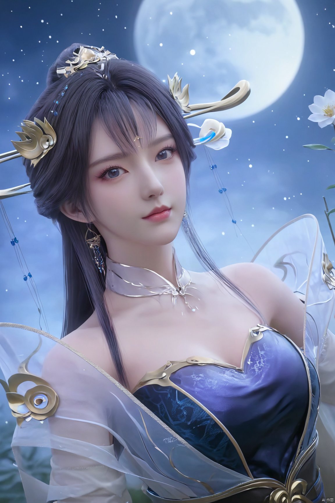 masterpiece,(best quality),1girl,Xtianqiong,flower,(big breasts:1.59),moon,