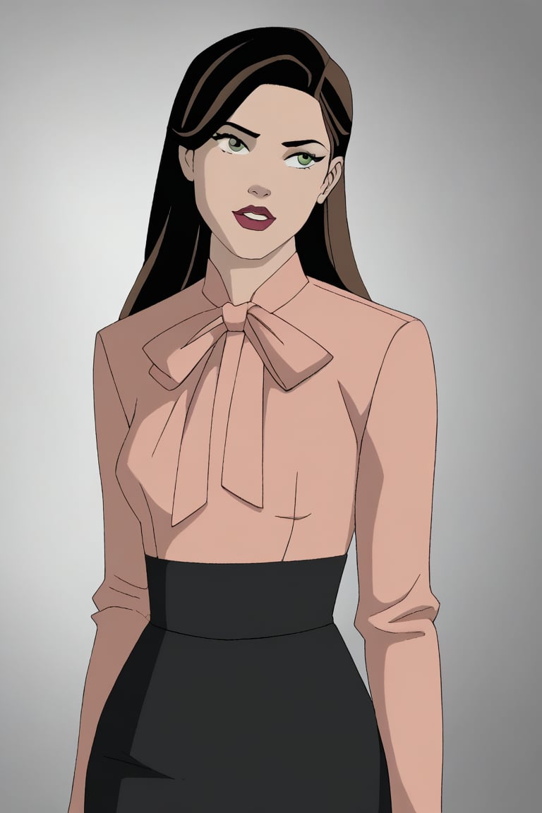 ,R3b3cc4H0l1d4yP,score_9, score_8_up, 1girl, pink satin bow blouse, skirt, solo, long hair, brown hair, black hair, green eyes, makeup, lipstick, ,bow blouse