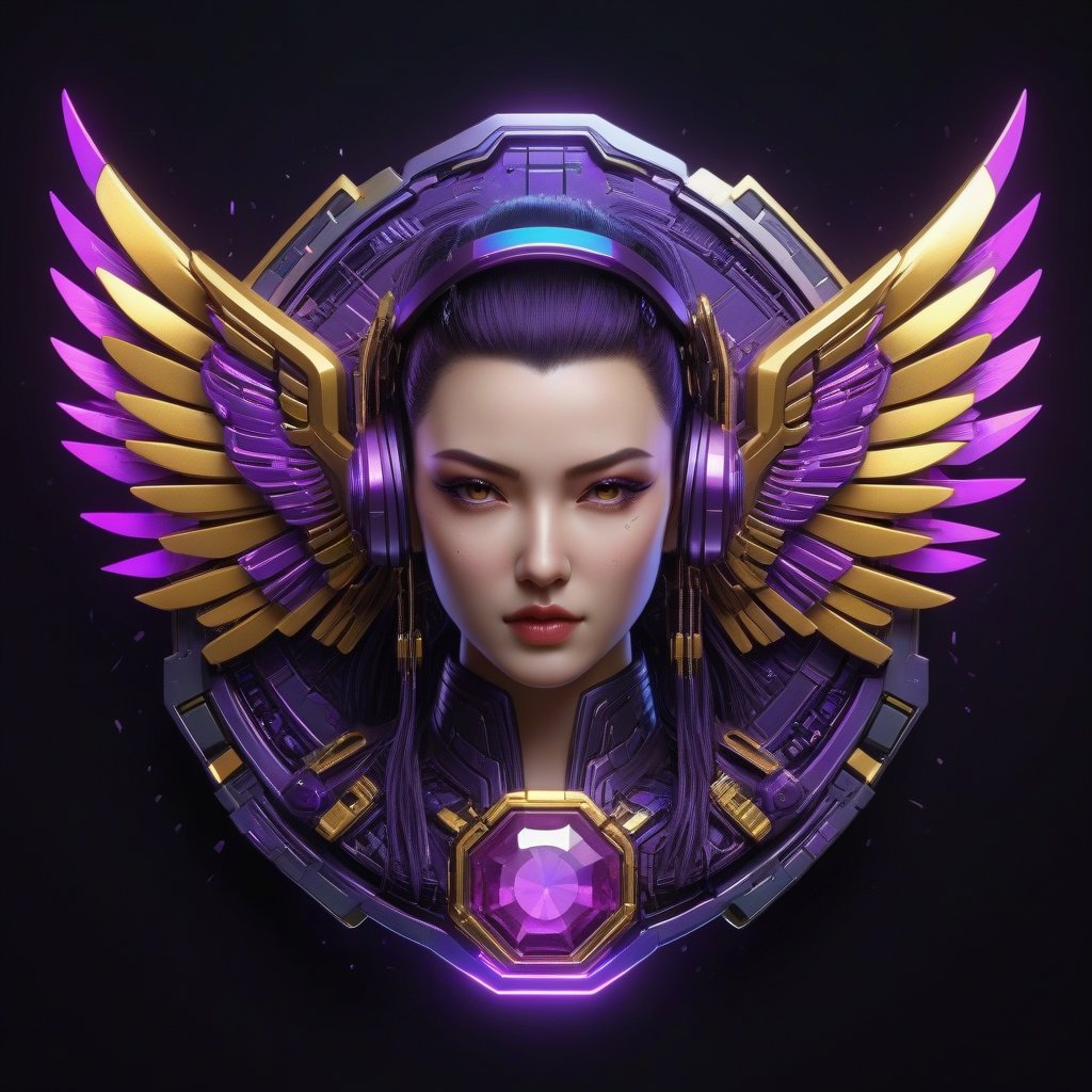 Score_9, Score_8_up, Score_7_up, Score_6_up, Score_5_up, Score_4_up, masterpiece, best quality,
BREAK
Round badge, cyberpunk badge, FuturEvoLabBadge, 
BREAK
Cyberpunk style, Cyberpunk girl head, wings composed of brushes behind her,
BREAK
colorful and flashing. A detailed and ornate badge featuring purple gemstones and gold elements, intricate design, futuristic emblem, cyberpunk aesthetics, high-tech details, luminous accents, advanced technology patterns, symmetrical layout, metallic texture, holographic effects, neon highlights, dark background, vibrant hues, luxurious appearance, high contrast, visually striking, elegant and modern, intricate craftsmanship