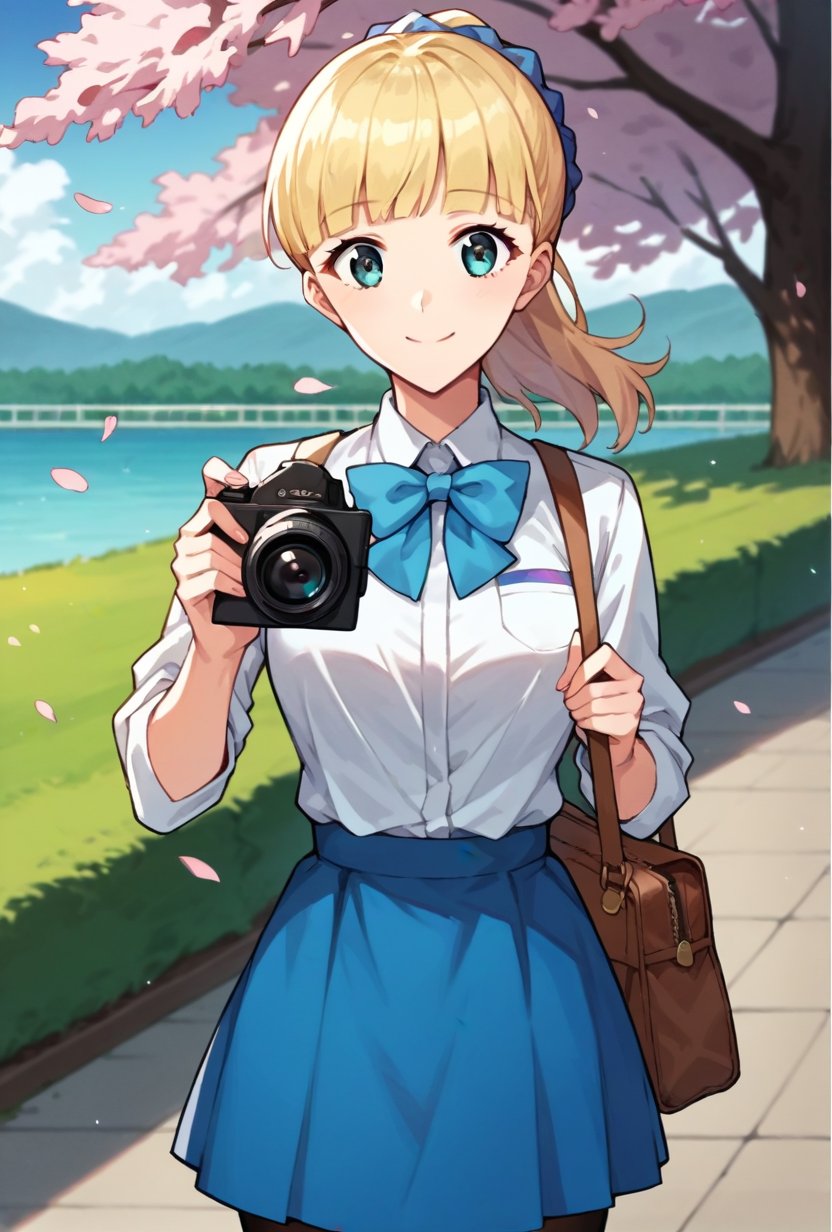 (score_9, score_8_up:1.1), score_7_up, teresa wagner, 1girl, solo, blonde hair, bangs, ponytail, blue scrunchie, white shirt, blue bowtie, blue skirt, pantyhose, brown purse, smile, looking at viewer, cowboy shot, holding camera, cherry blossoms