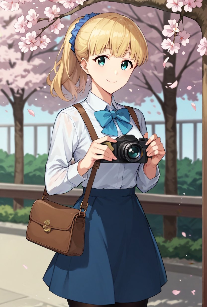 (score_9, score_8_up:1.1), score_7_up, teresa wagner, 1girl, solo, blonde hair, bangs, ponytail, blue scrunchie, white shirt, blue bowtie, blue skirt, pantyhose, brown purse, smile, looking at viewer, cowboy shot, holding camera, cherry blossoms, 