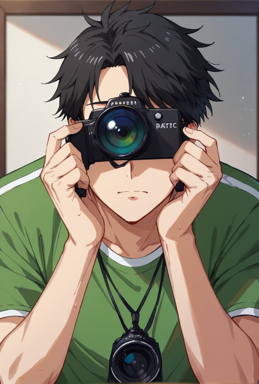 (score_9, score_8_up:1.1), score_7_up, mitsuyoshi tada, 1boy, solo, black hair, covered face, making photo, camera