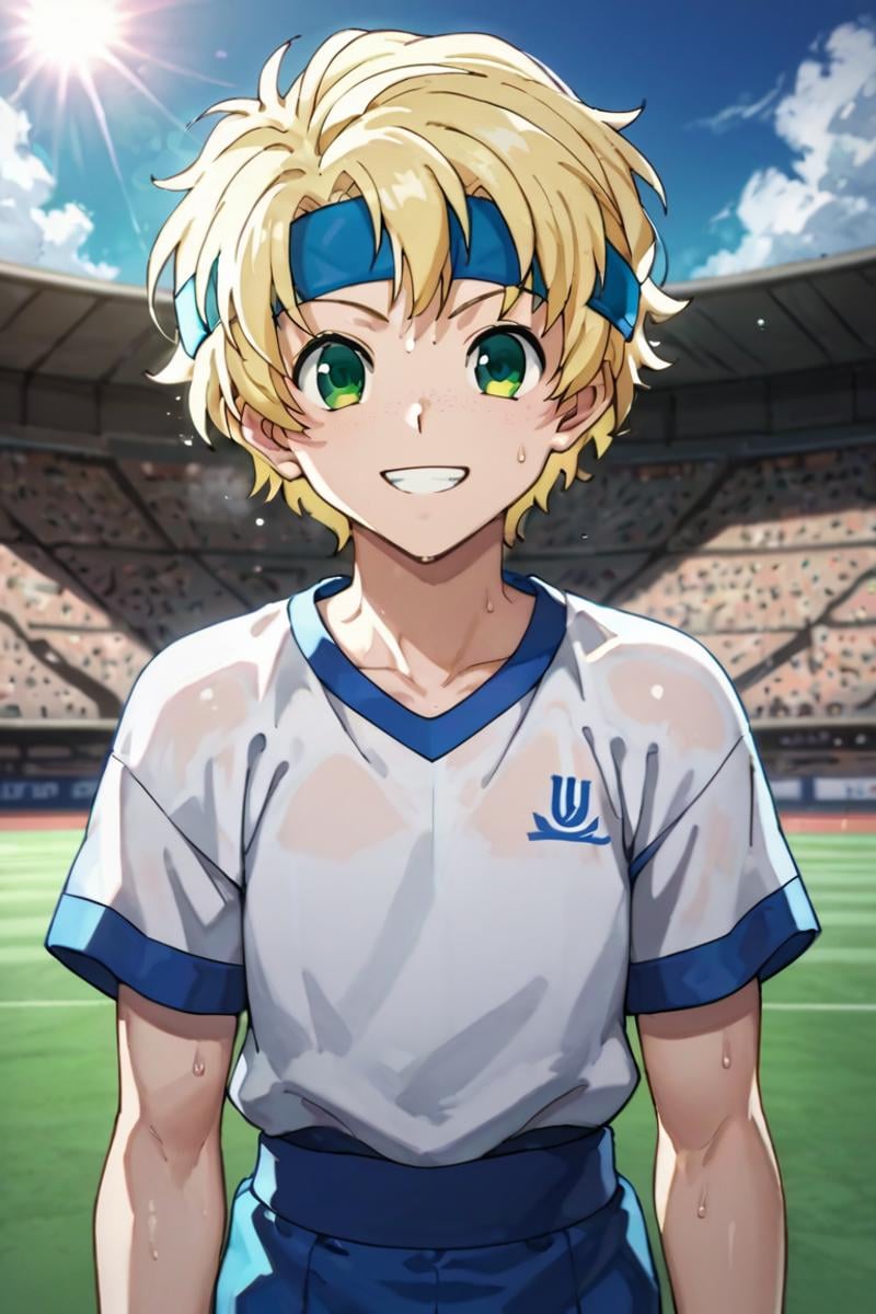 score_9,score_8_up,score_7_up,source_anime,1boy, solo,looking at viewer, list,blonde hair,green eyes,freckles,outdoors, stadium, day, sun, light rays, headband, sweat, sportswear, grin<lora:EMS-398599-EMS:0.800000>