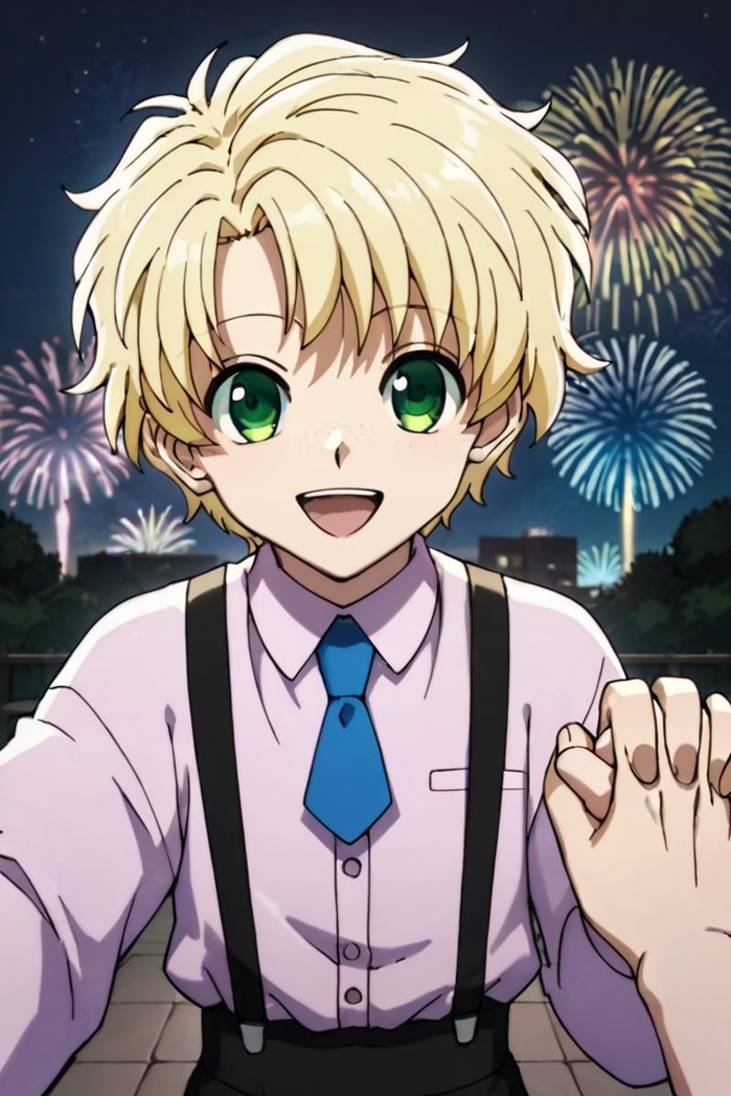 score_9,score_8_up,score_7_up,source_anime,1boy, solo,looking at viewer, list,blonde hair,green eyes,freckles,outdoors, suspender,necktie, smile, night, light ray, fireworks, Fireworks in the sky, open mouth, pov, holding_hands<lora:EMS-398599-EMS:0.800000>