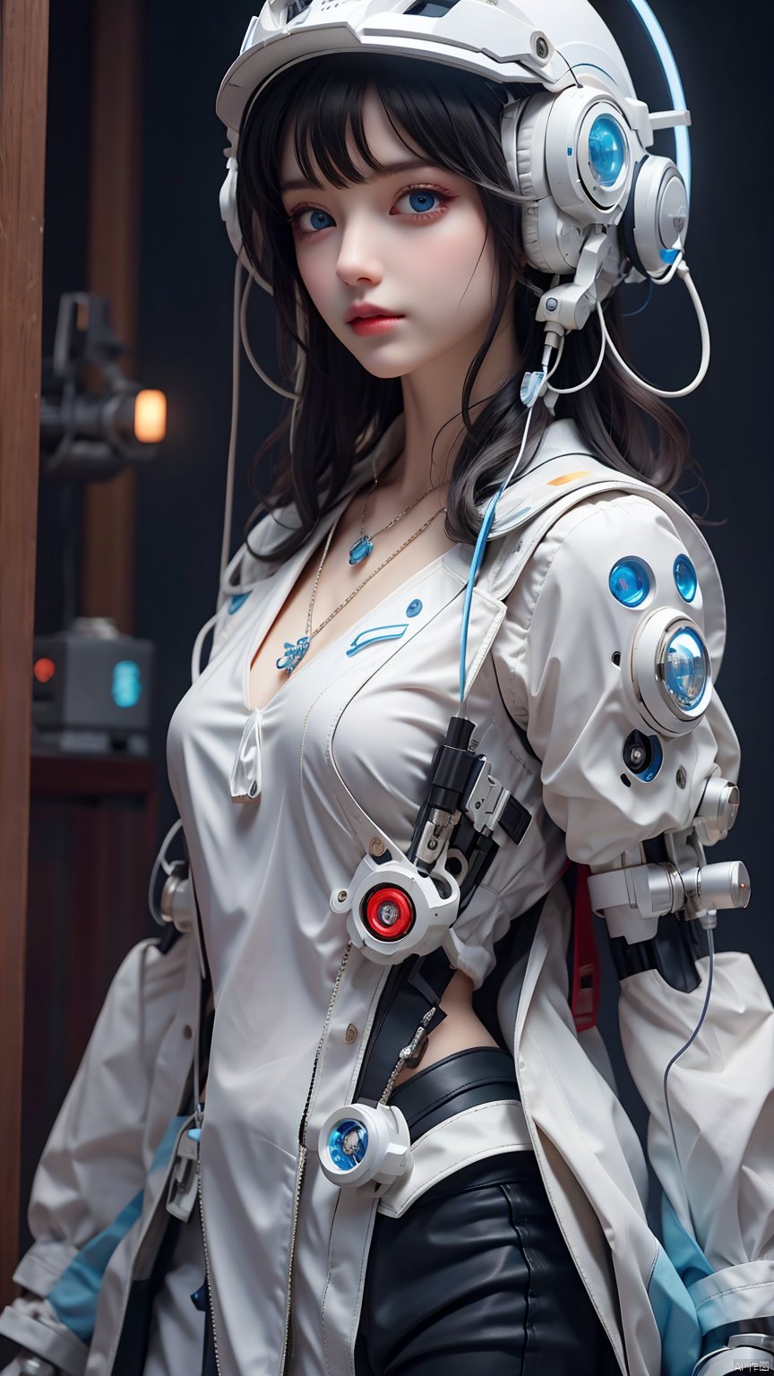  1Girl, blue eyes, glowing, looking at the audience, glowing small mechanical earphones, integrated mechanical earphone helmet, wrapped helmet, white complex structure helmet, mechanical weapon on the left head, white clothing, multi light source mecha helmet, necklace, realistic, black hair, science fiction, single person, close-up, upper body, slanted body, realistic materials, indoor, 1girl,Cyberpunk