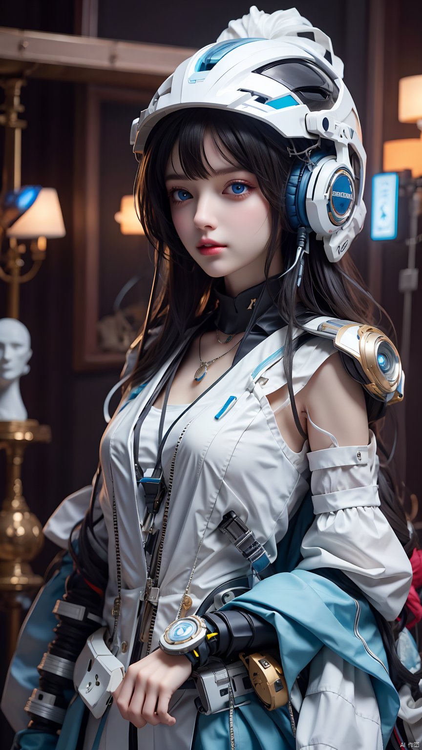  1Girl, blue eyes, glowing, looking at the audience, glowing small mechanical earphones, integrated mechanical earphone helmet, wrapped helmet, white complex structure helmet, mechanical weapon on the left head, white clothing, multi light source mecha helmet, necklace, realistic, black hair, science fiction, single person, close-up, upper body, slanted body, realistic materials, indoor, 1girl,Cyberpunk