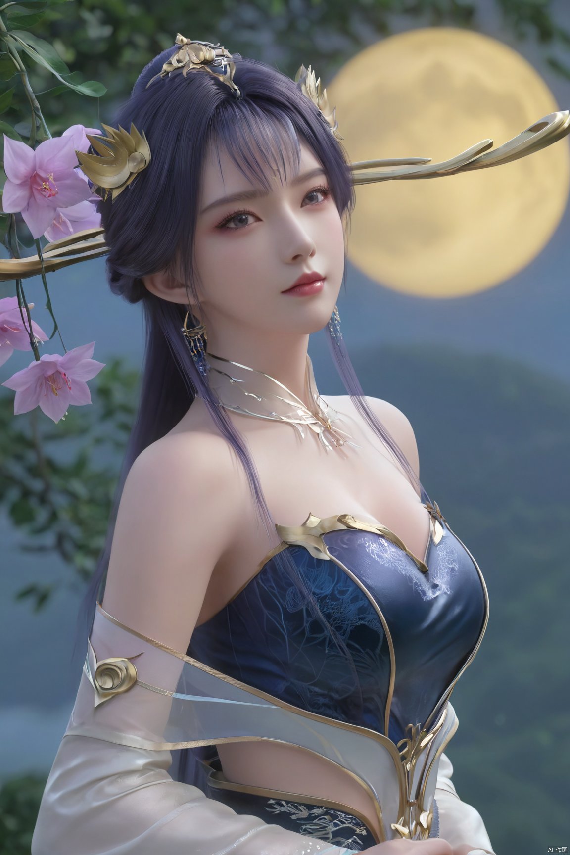 masterpiece,(best quality),1girl,Xtianqiong,flower,(big breasts:1.29),full moon, 