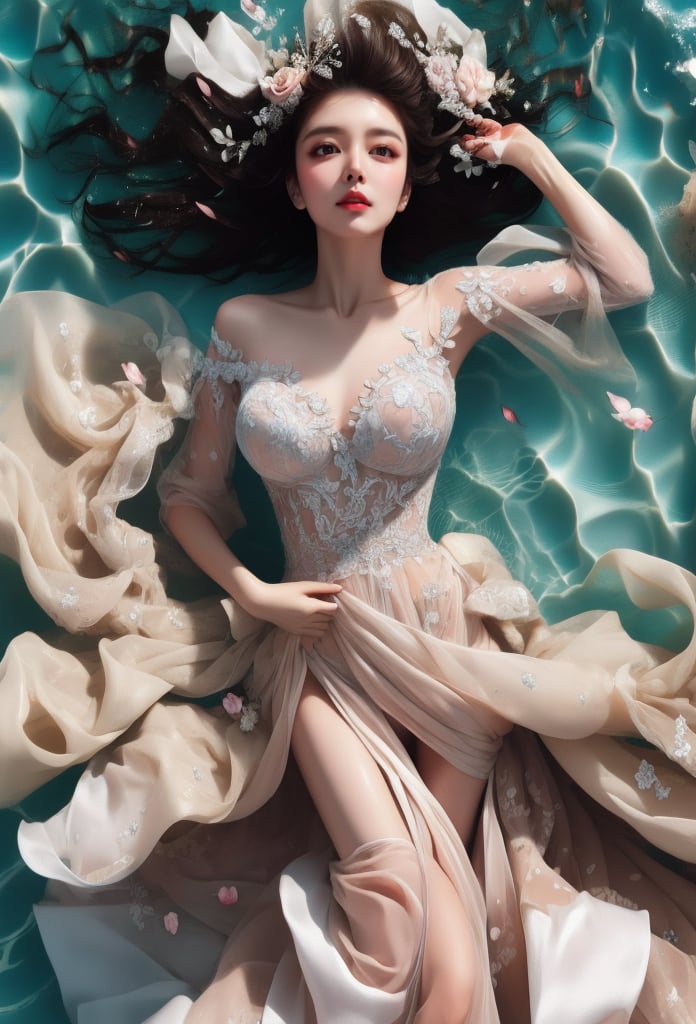 1 beautiful lady lying in water with romentic style, her body is wet, she wears bridal dress, see-through, (with head), wet hair, her hair is flowing in the water, from above, upper body, look at viewer, (solo), masterpieces, best quality, high resolution, bright scene, soft color, low contrast, (water ripples:1.1), water sparkling, 